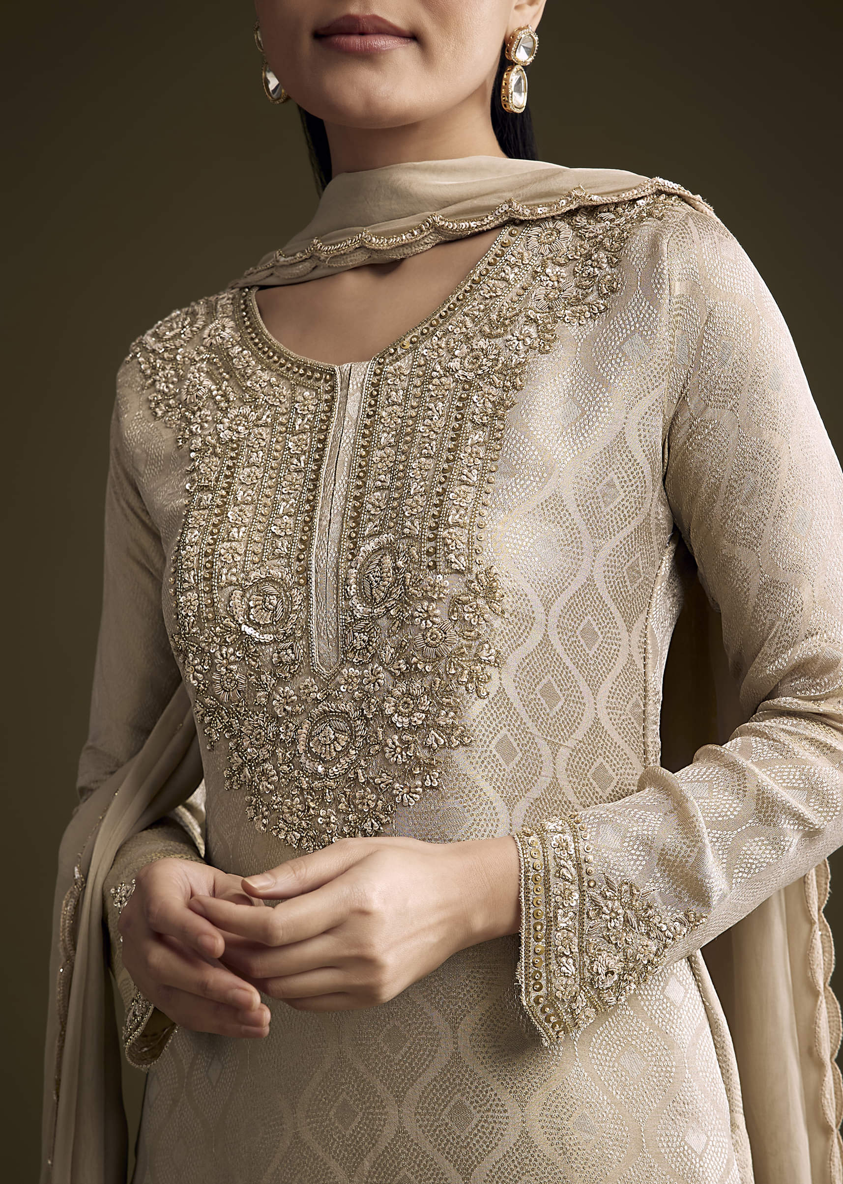 Beige Tissue Palazzo Suit With Banarasi Weave And Sequins Embroidery - Image 2