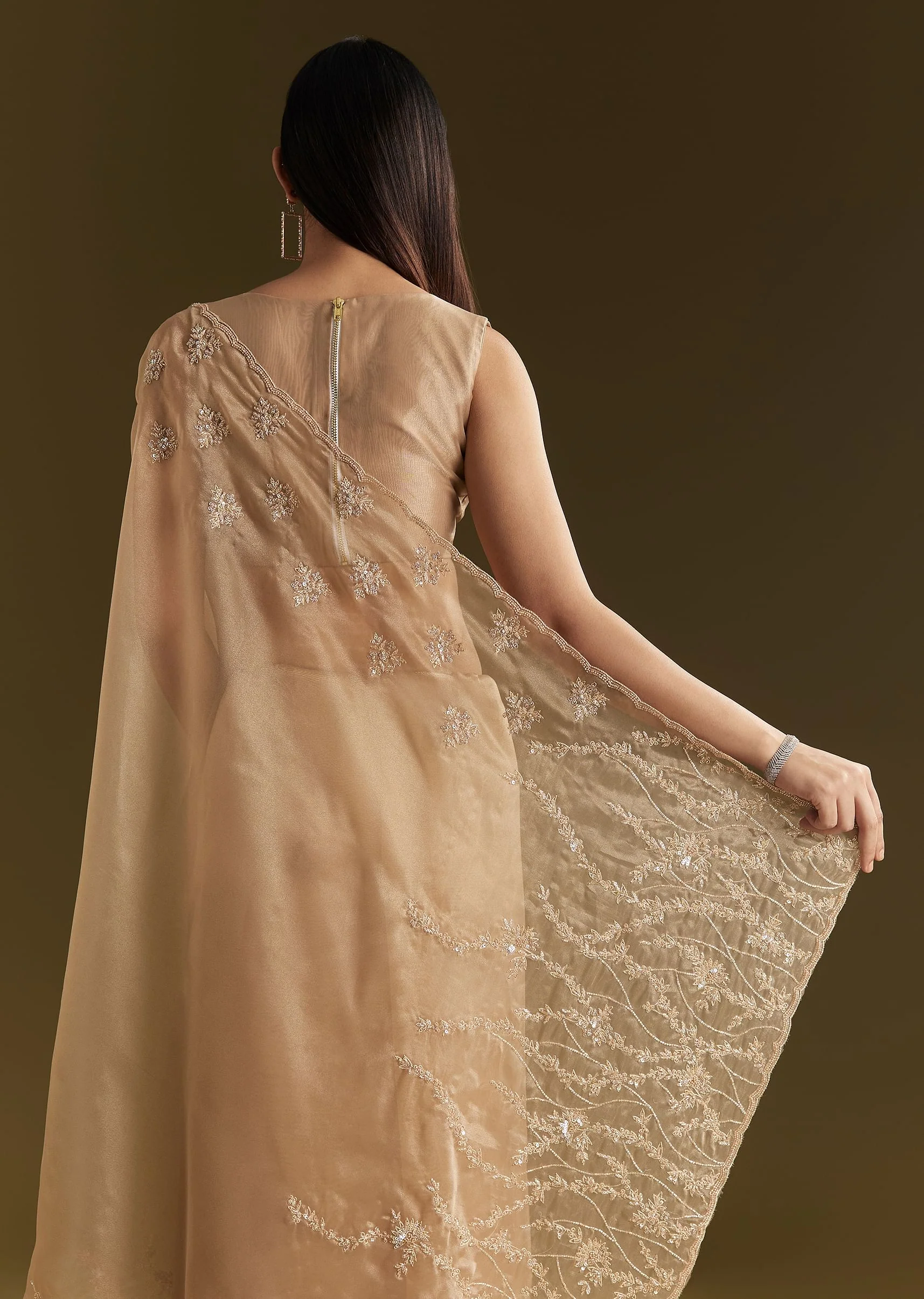 Beige Tissue Saree With Heavy Cutdana And Beads Embroidery - Image 6