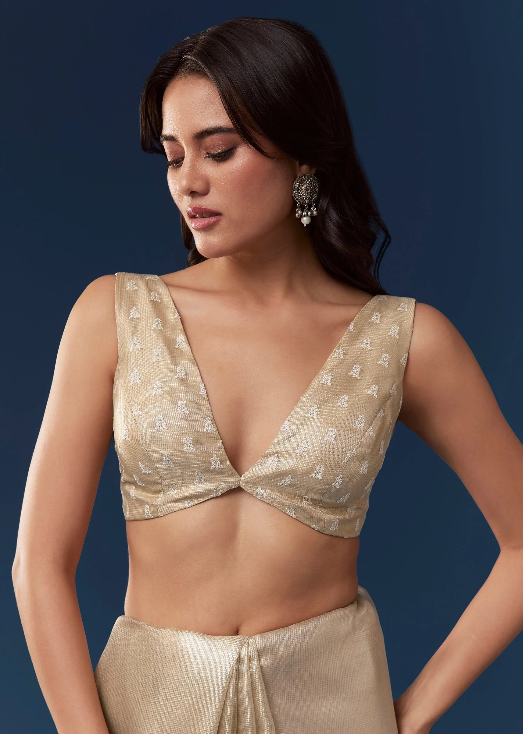 Beige Tissue Saree With Resham Thread Border And Mirror Work - Image 7