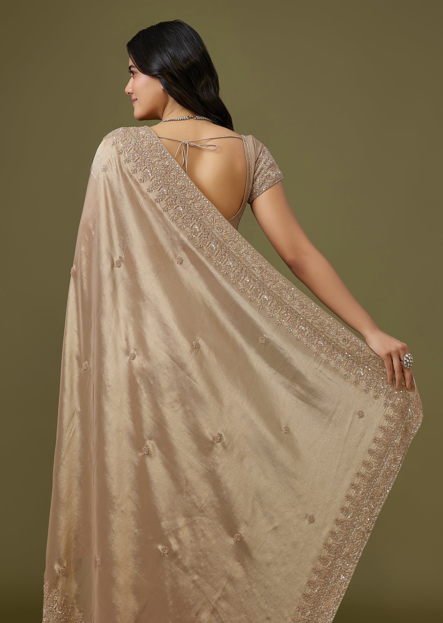 Beige Tissue Silk Saree With Broad Border - Image 4
