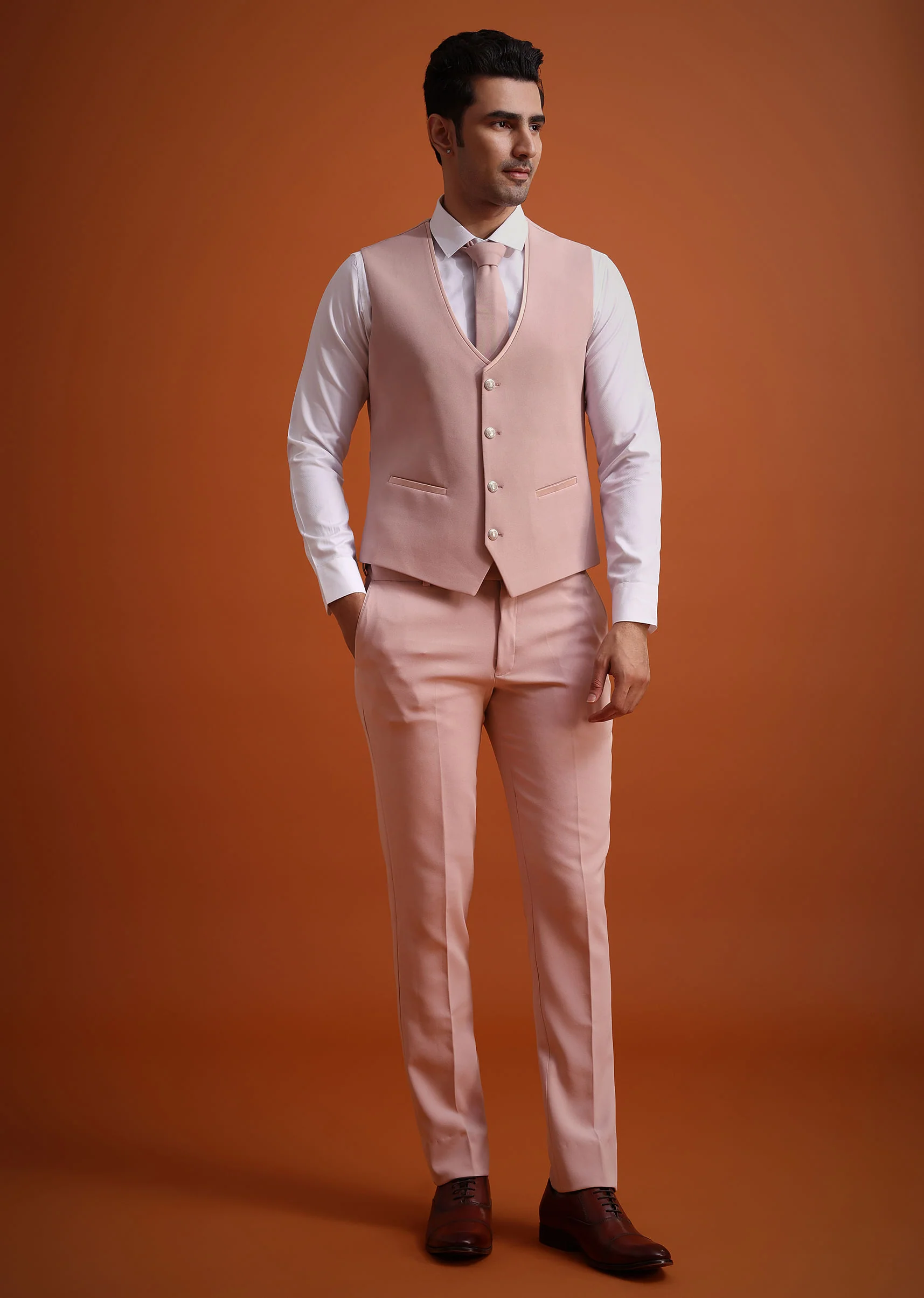 Beige Tuxedo And Pant Set With Cutdana Embellishments - Image 6