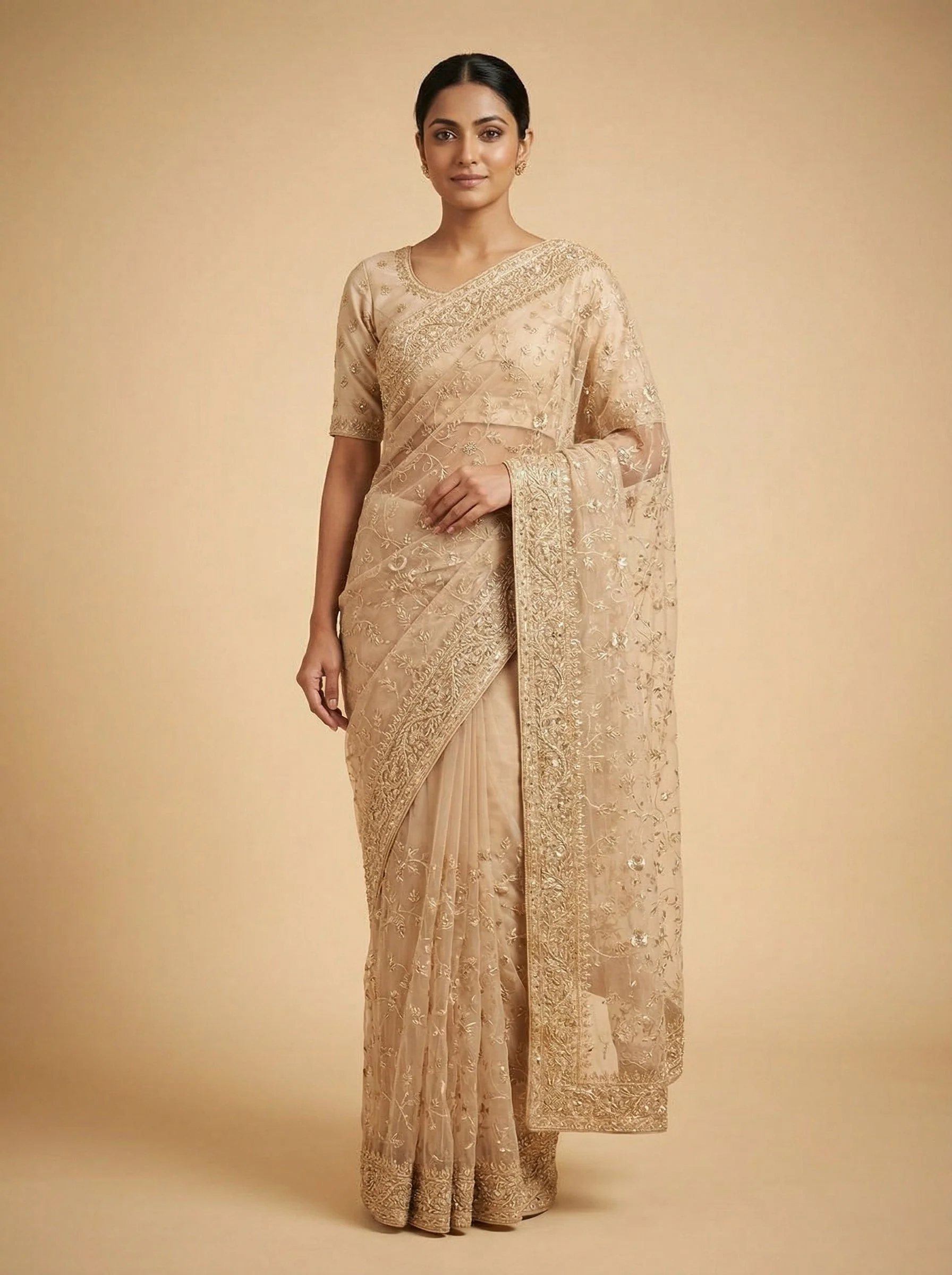 Beige Velvety Embroidered Saree