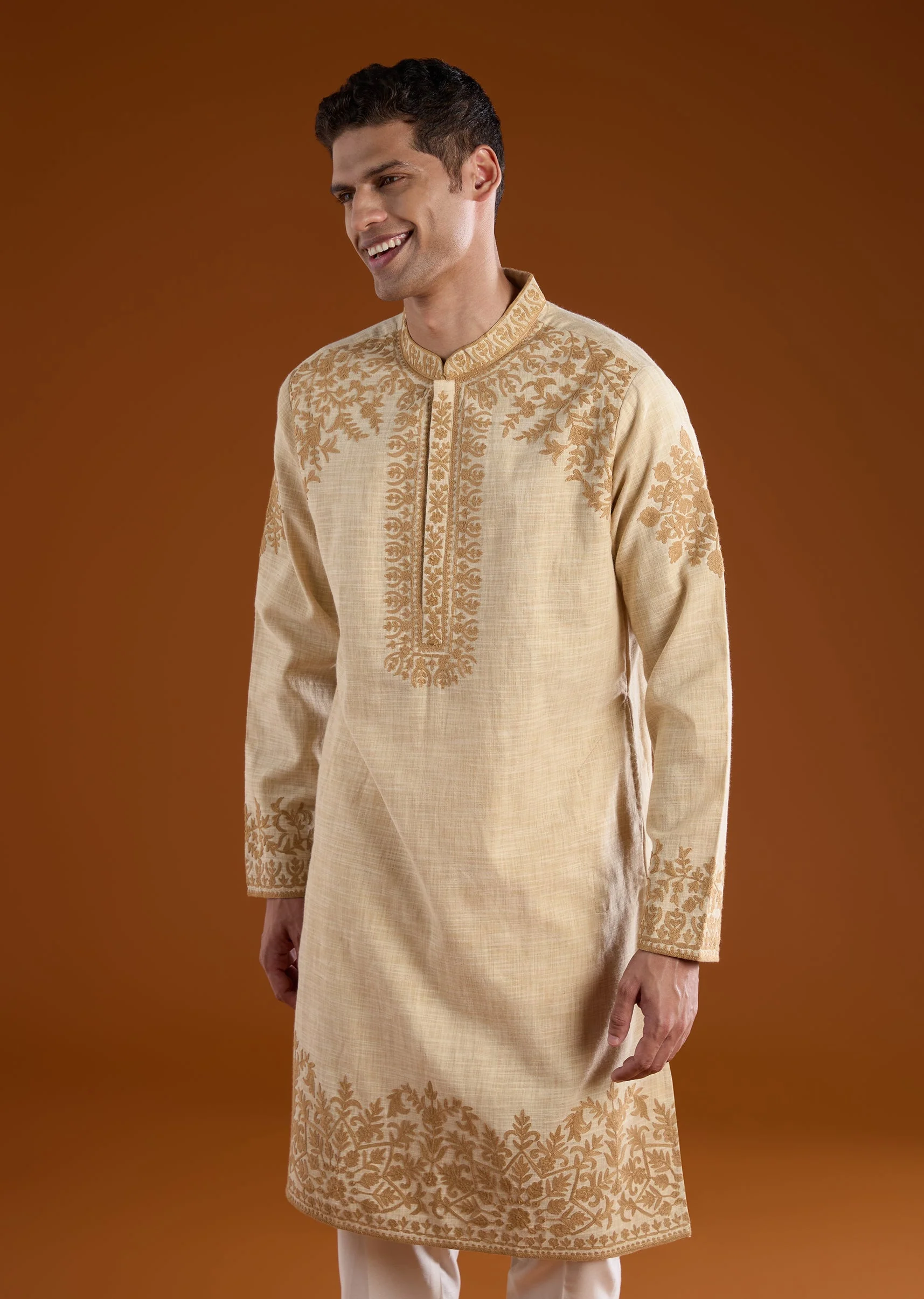 Beige Viscose Embroidered Mens Kurta Pant Set - Image 4