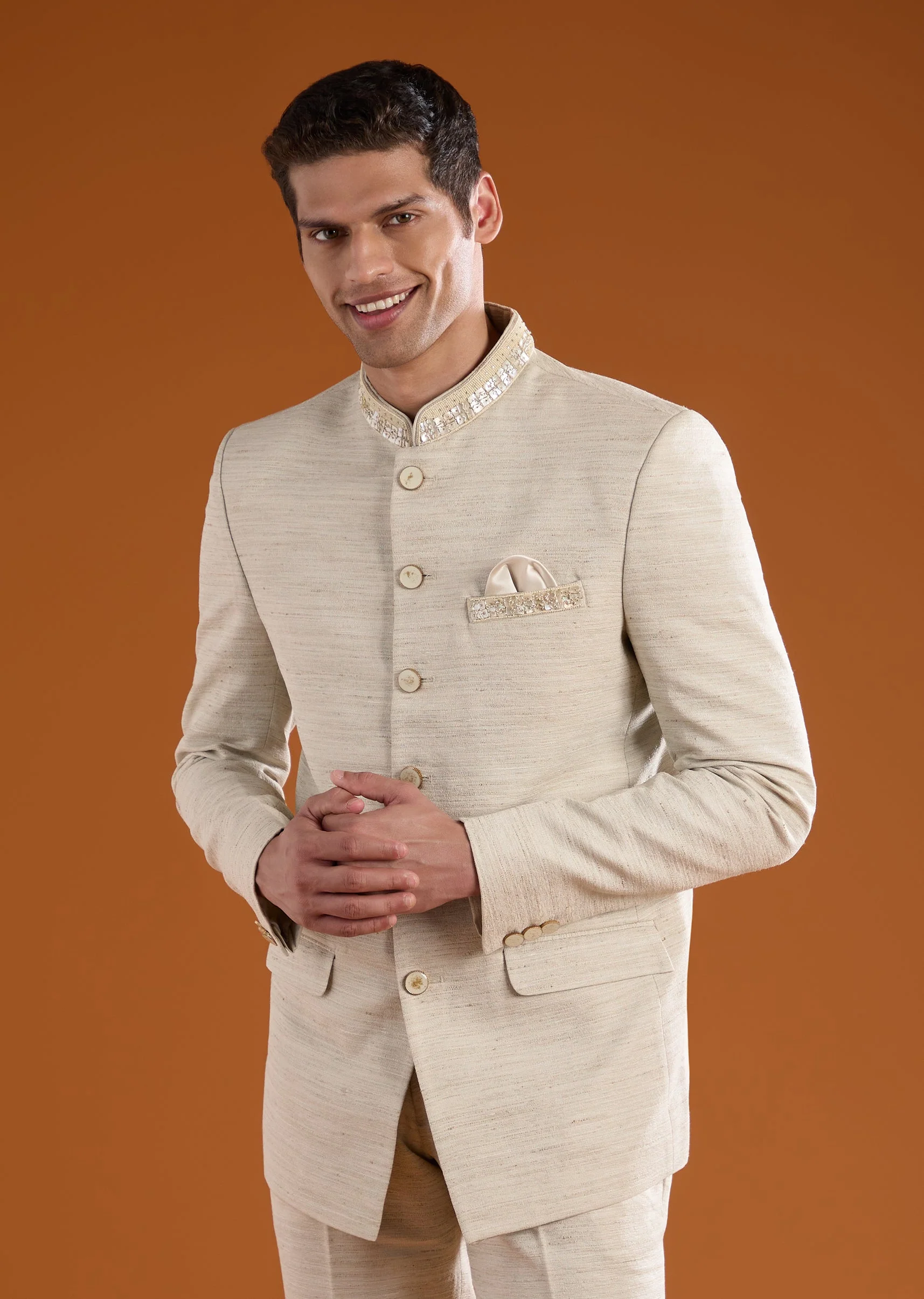 Beige Viscose Jodhpuri Pant Set with Pearl Work - Image 4