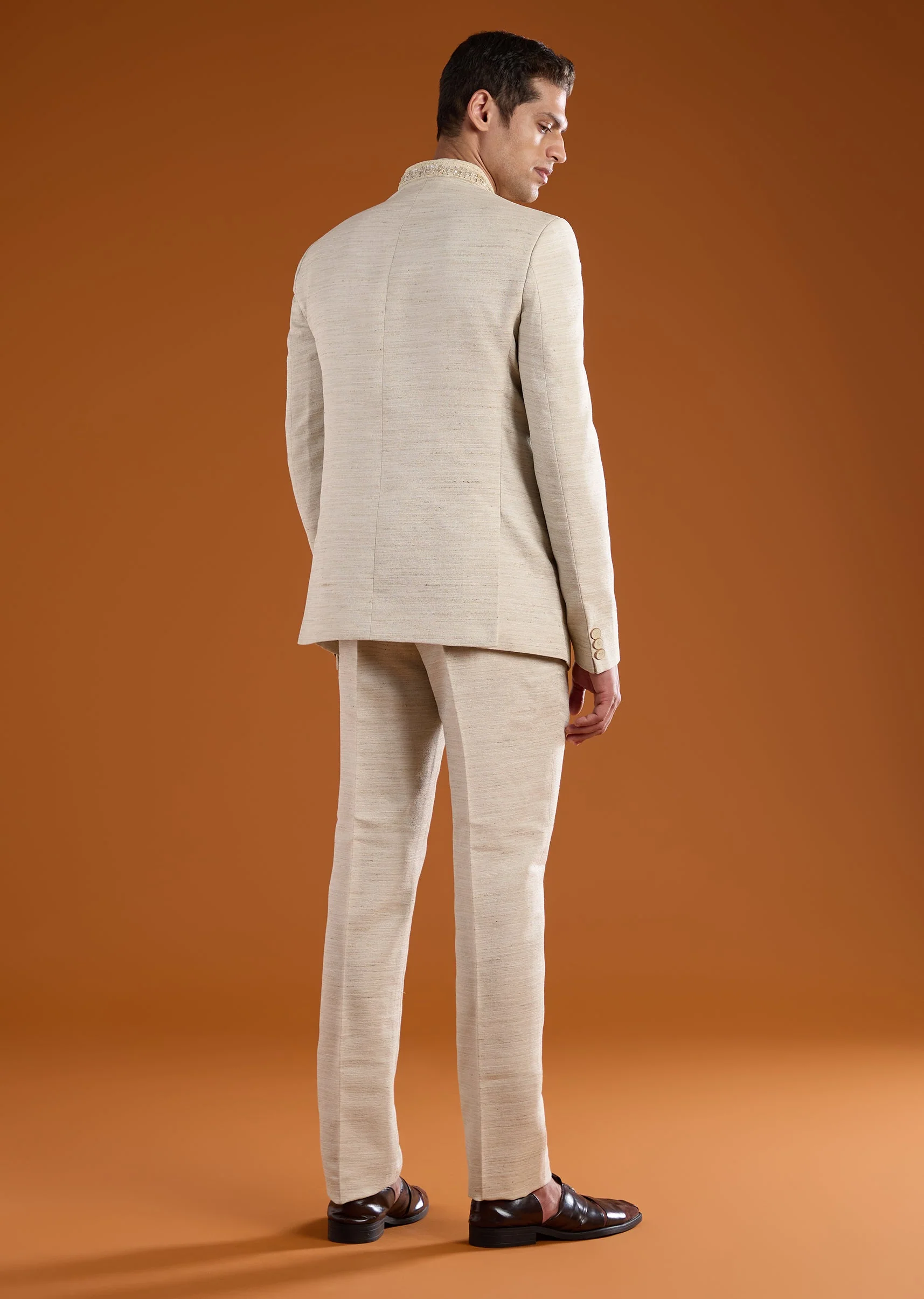 Beige Viscose Jodhpuri Pant Set with Pearl Work - Image 5