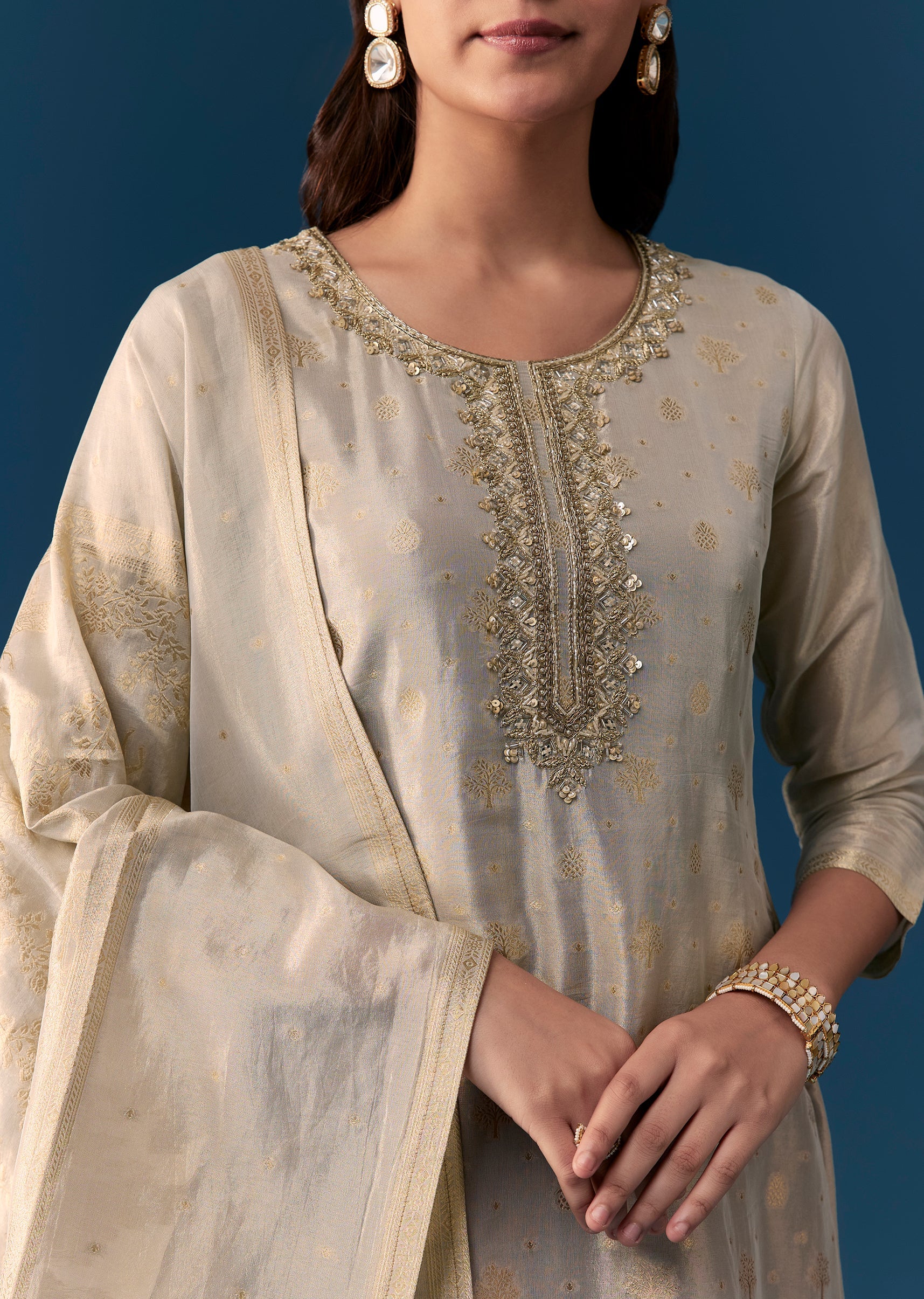 Beige Weave Kurta Set With Zardosi And Cut Dana Work - Image 2
