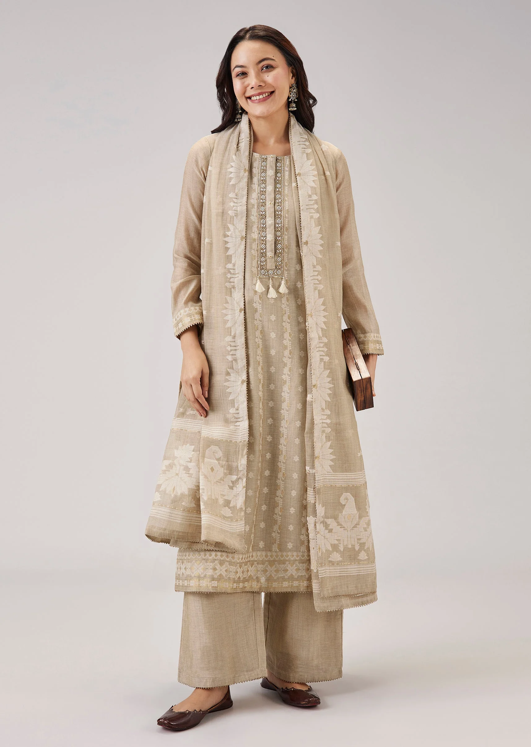 Beige Weaved Chanderi Kurta Set