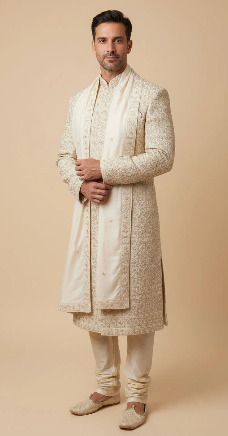 Beige Wedding Sherwani - Image 2