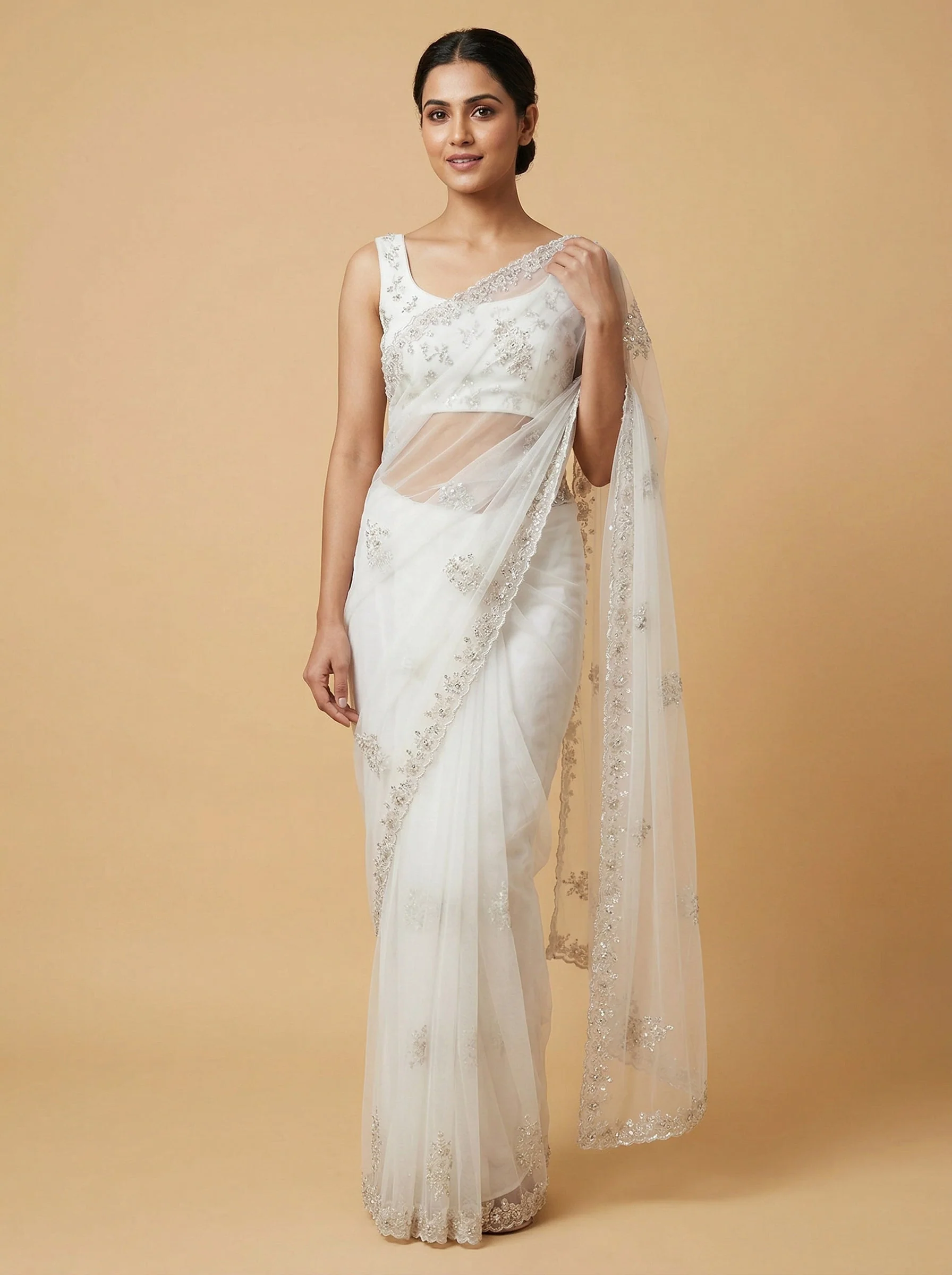 Beige White Balanced Embroidered Saree