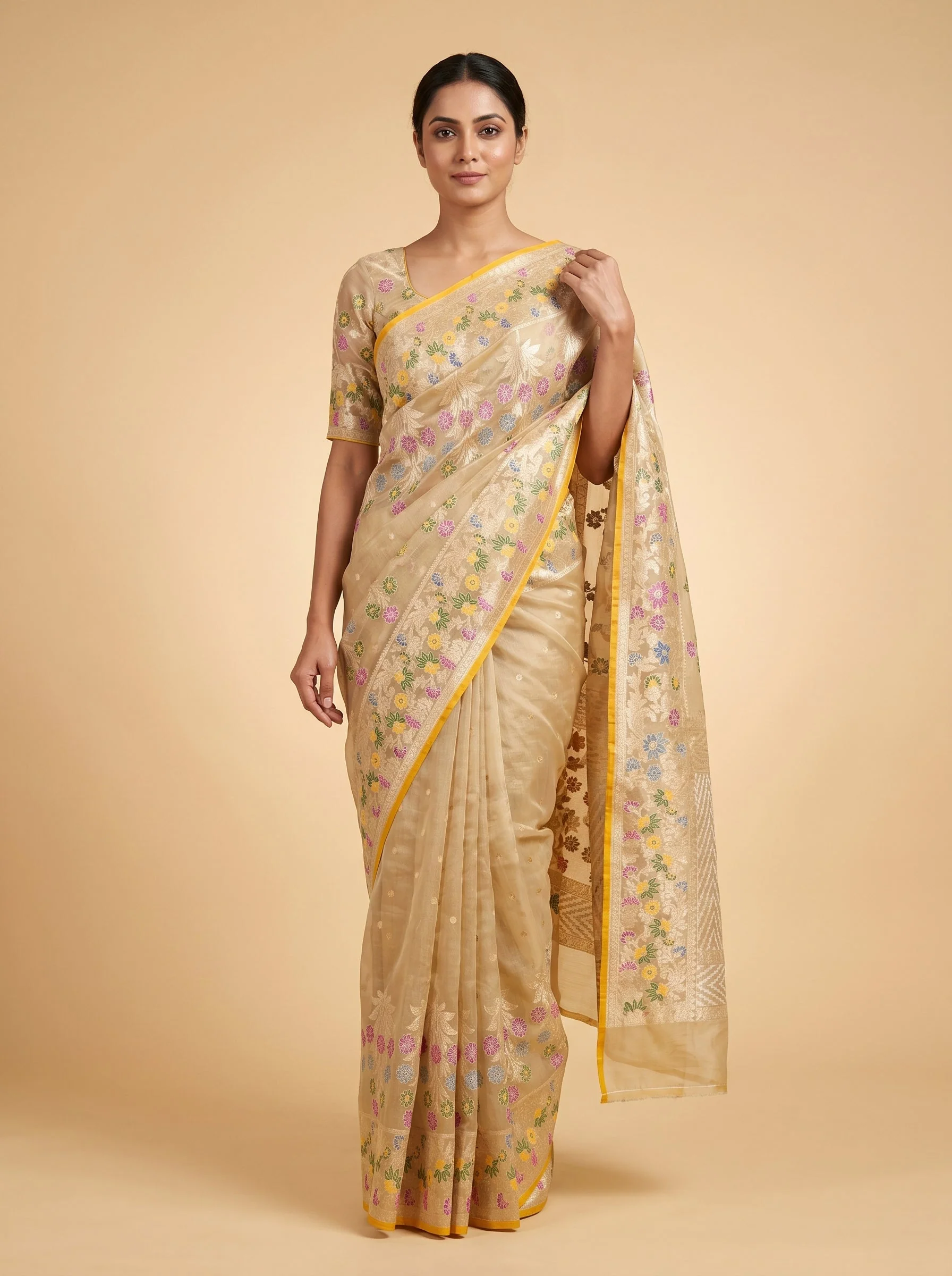Beige Yellow Dual Tone Handloom Saree