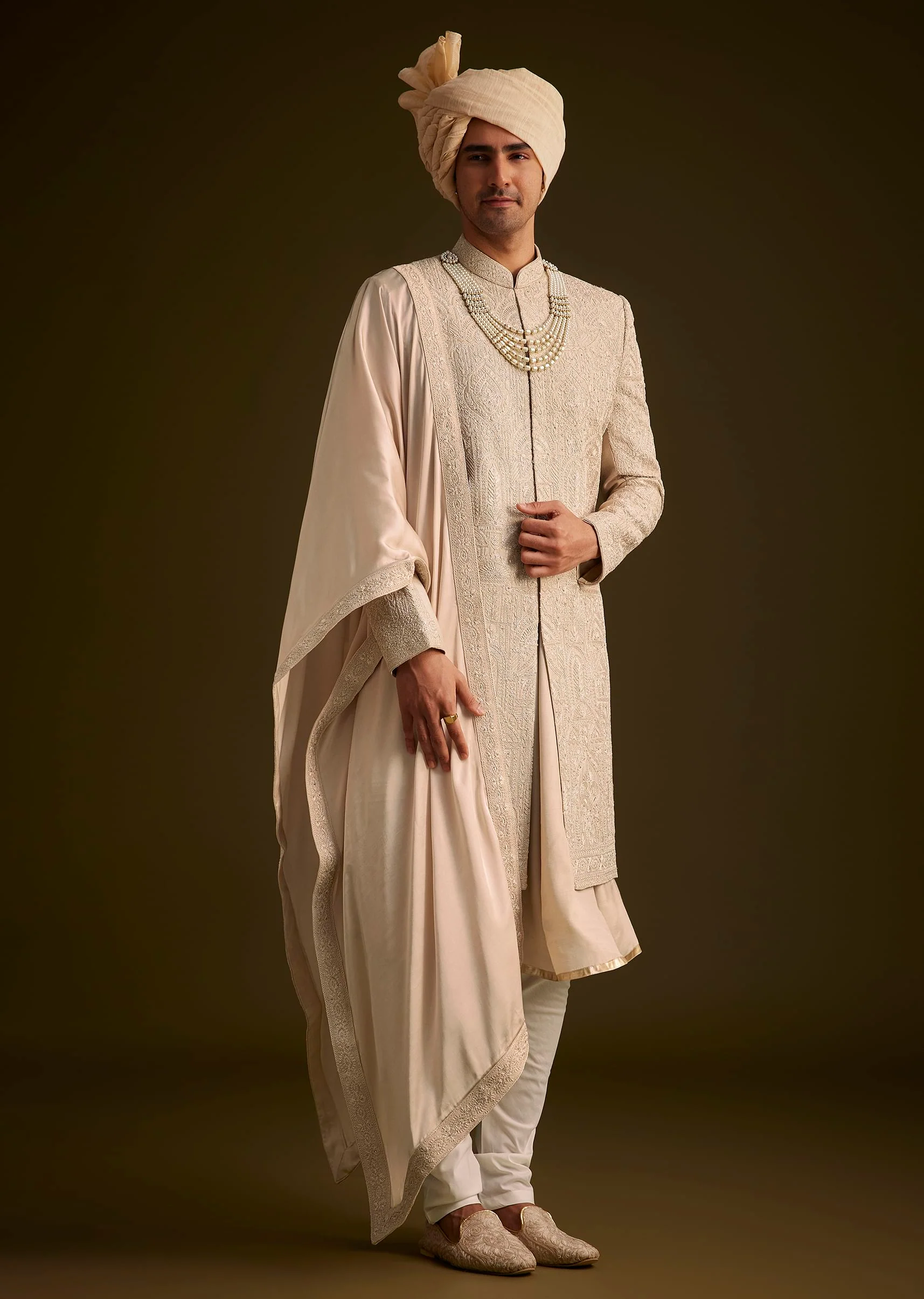 Beige Zardosi Embroidered Sherwani With Dupatta - Image 2