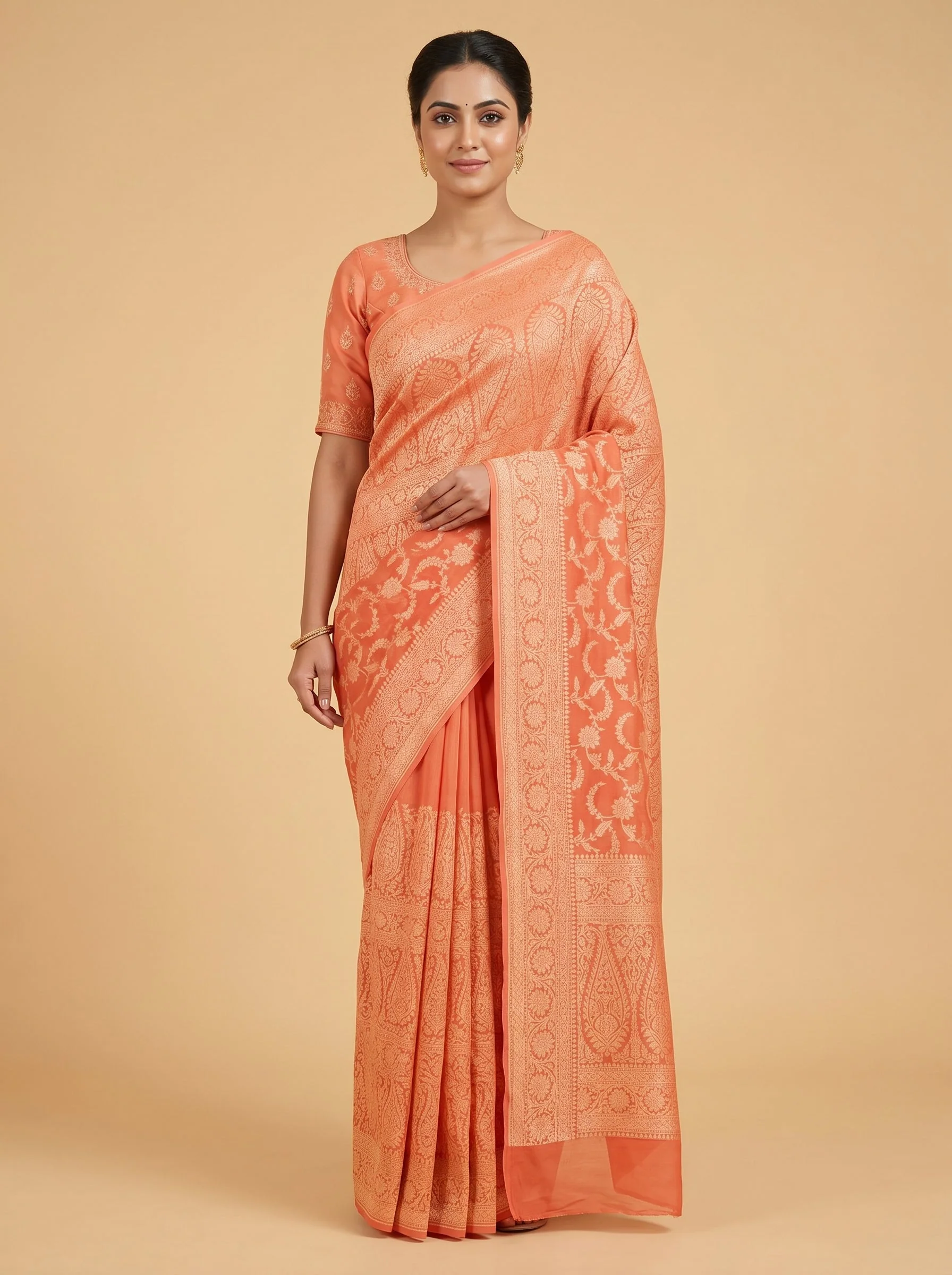 Biscuit Peach Handloom Saree