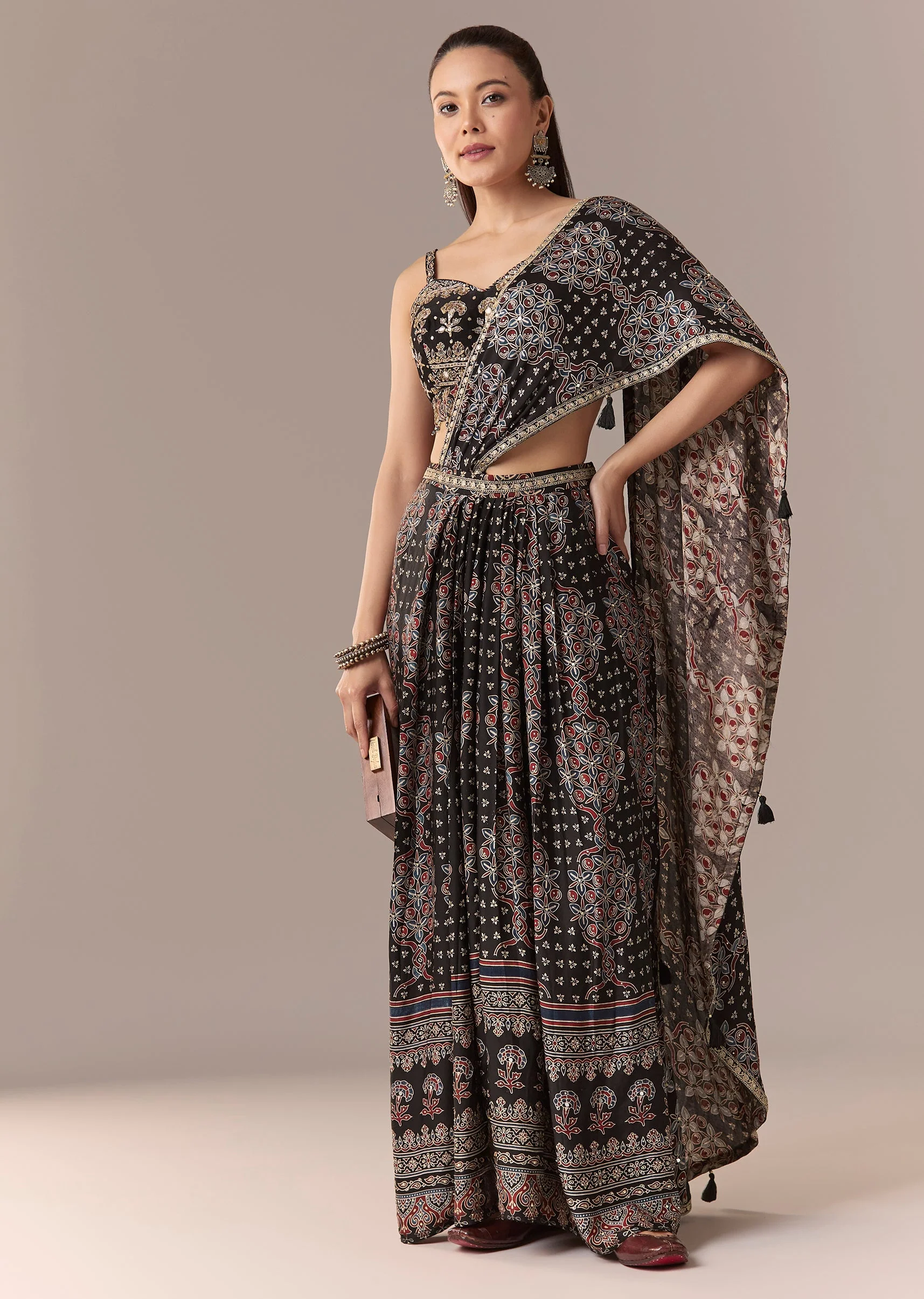 Black Ajrakh Pre Draped Saree Set With Mirror Work Blouse - Image 3