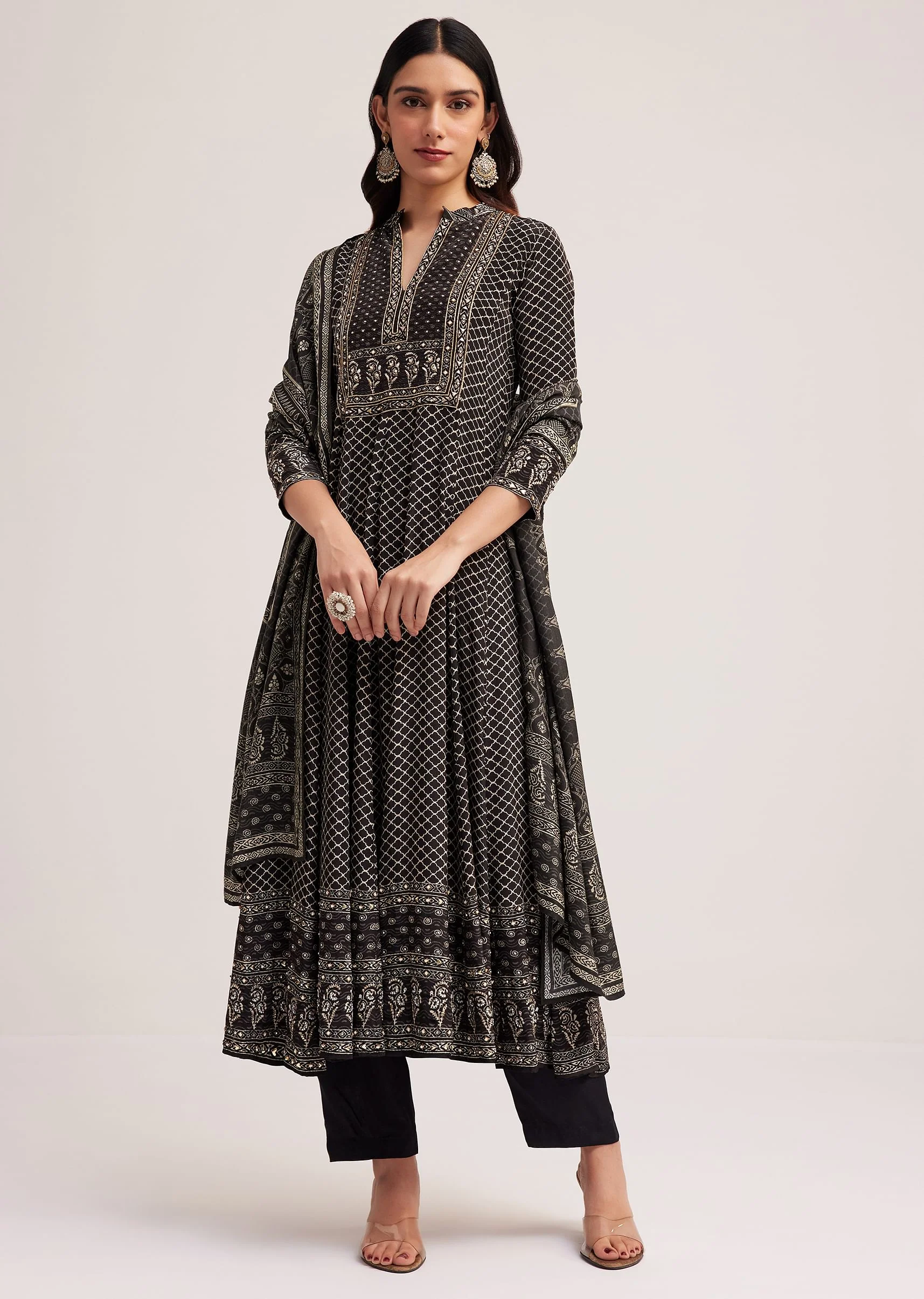 Black Bagru Printed Anarkali Set With Dupatta - Image 3
