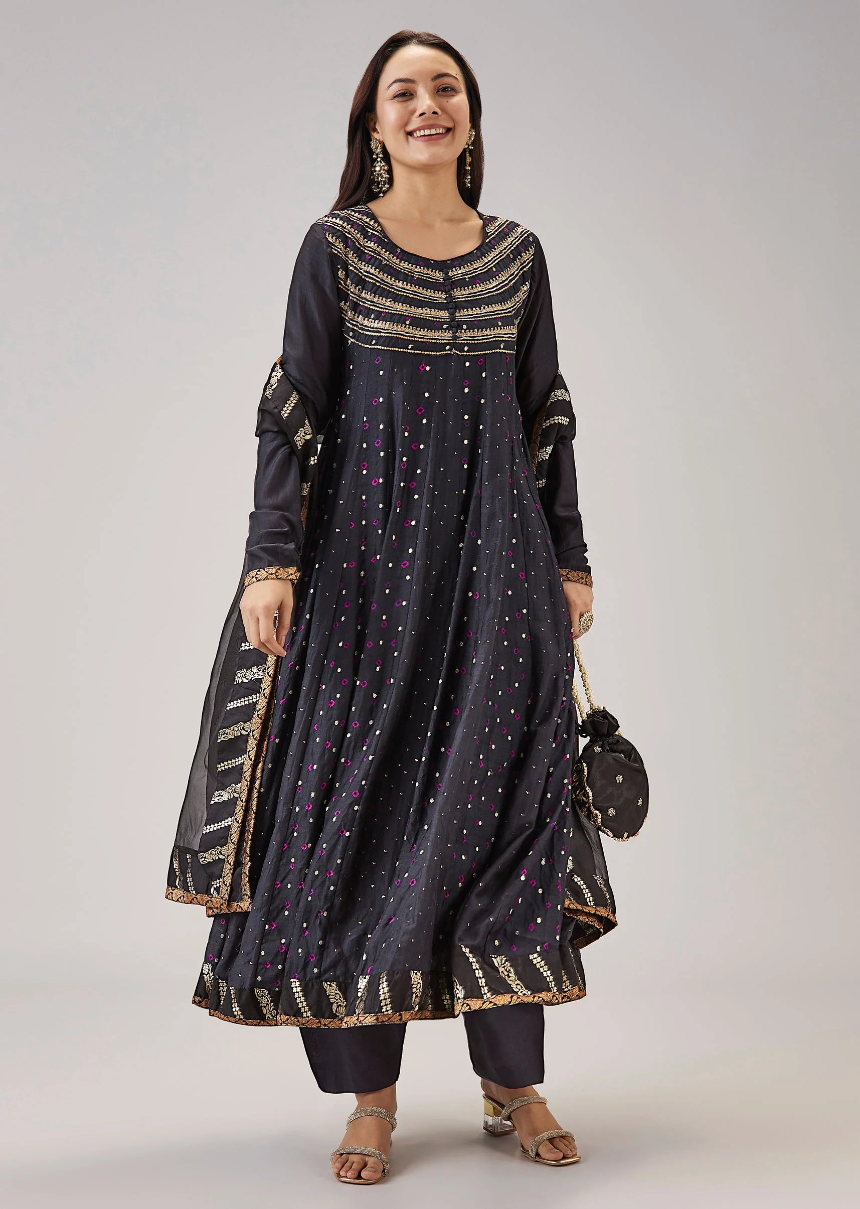 Black Banarasi Silk Bandhani Anarkali Set With Mukaish Work