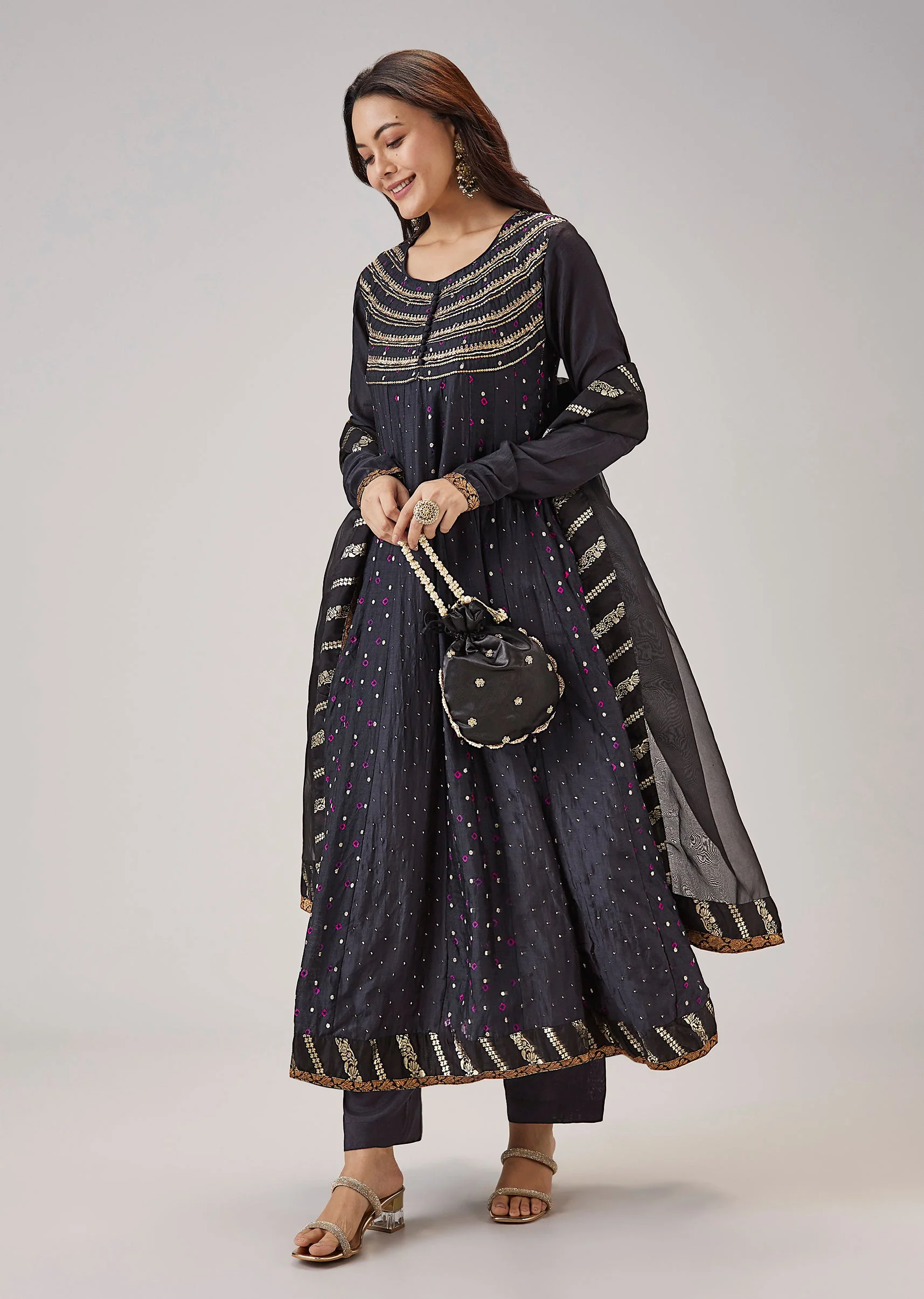 Black Banarasi Silk Bandhani Anarkali Set With Mukaish Work - Image 3