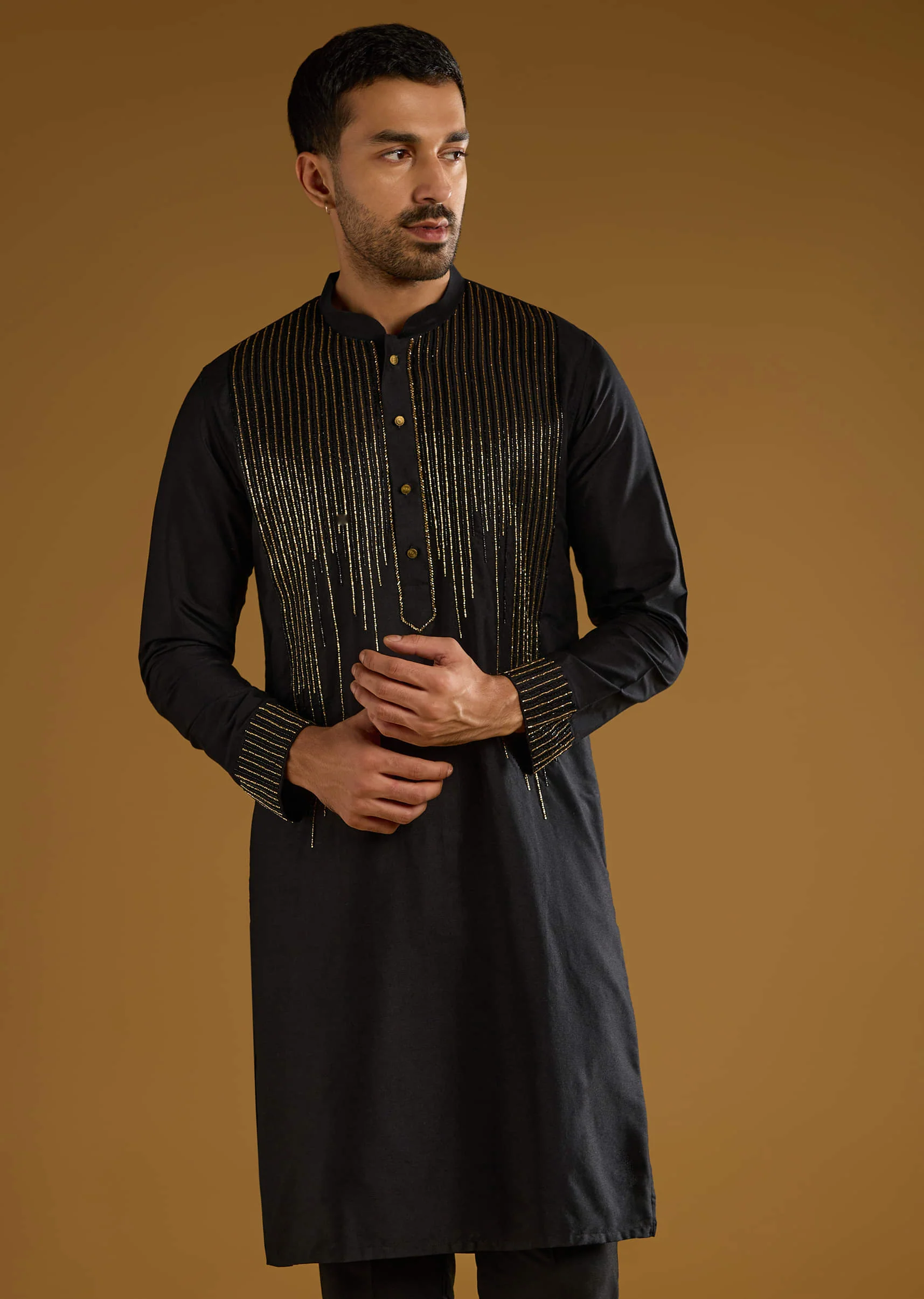 Black Banarasi Silk Kurta Set For Men With Cutdana Work - Image 3