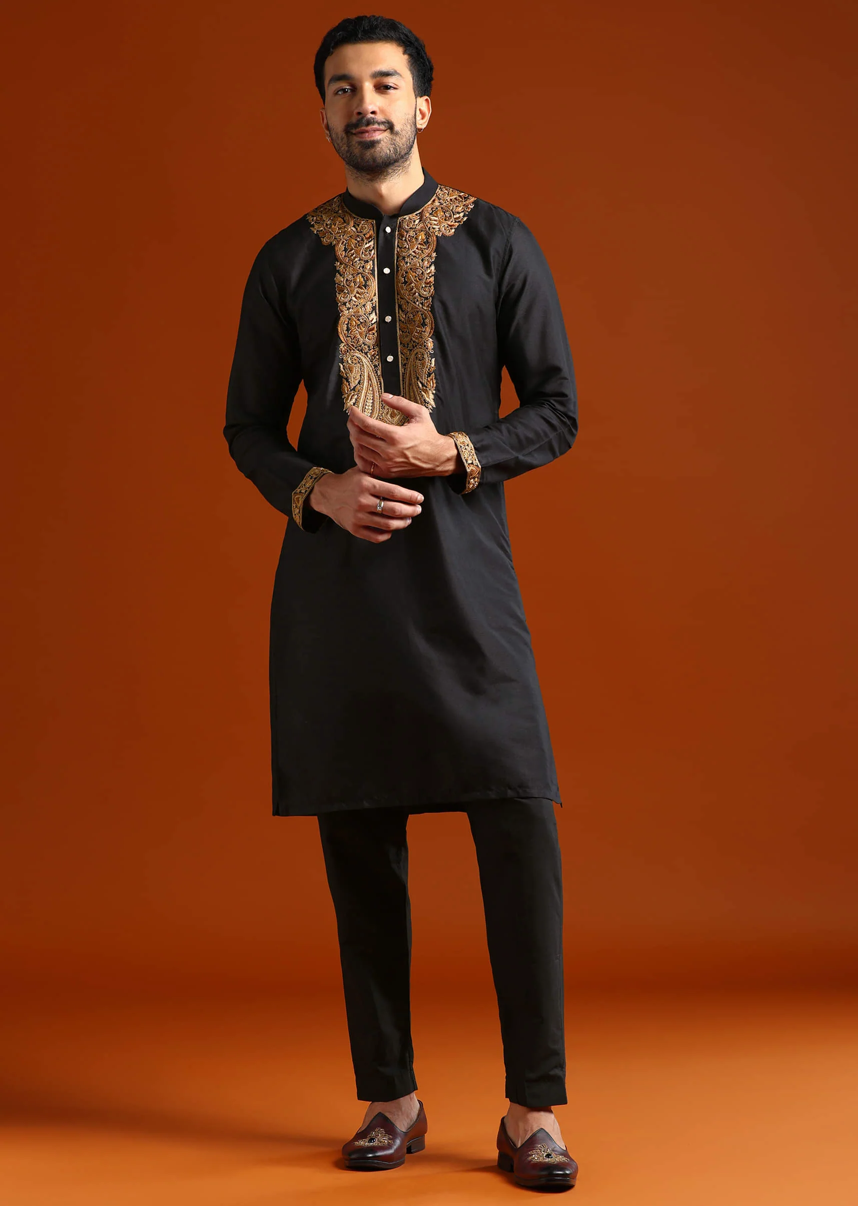 Black Banarasi Silk Kurta Set For Men With Heavy Hand Embroidery - Image 3