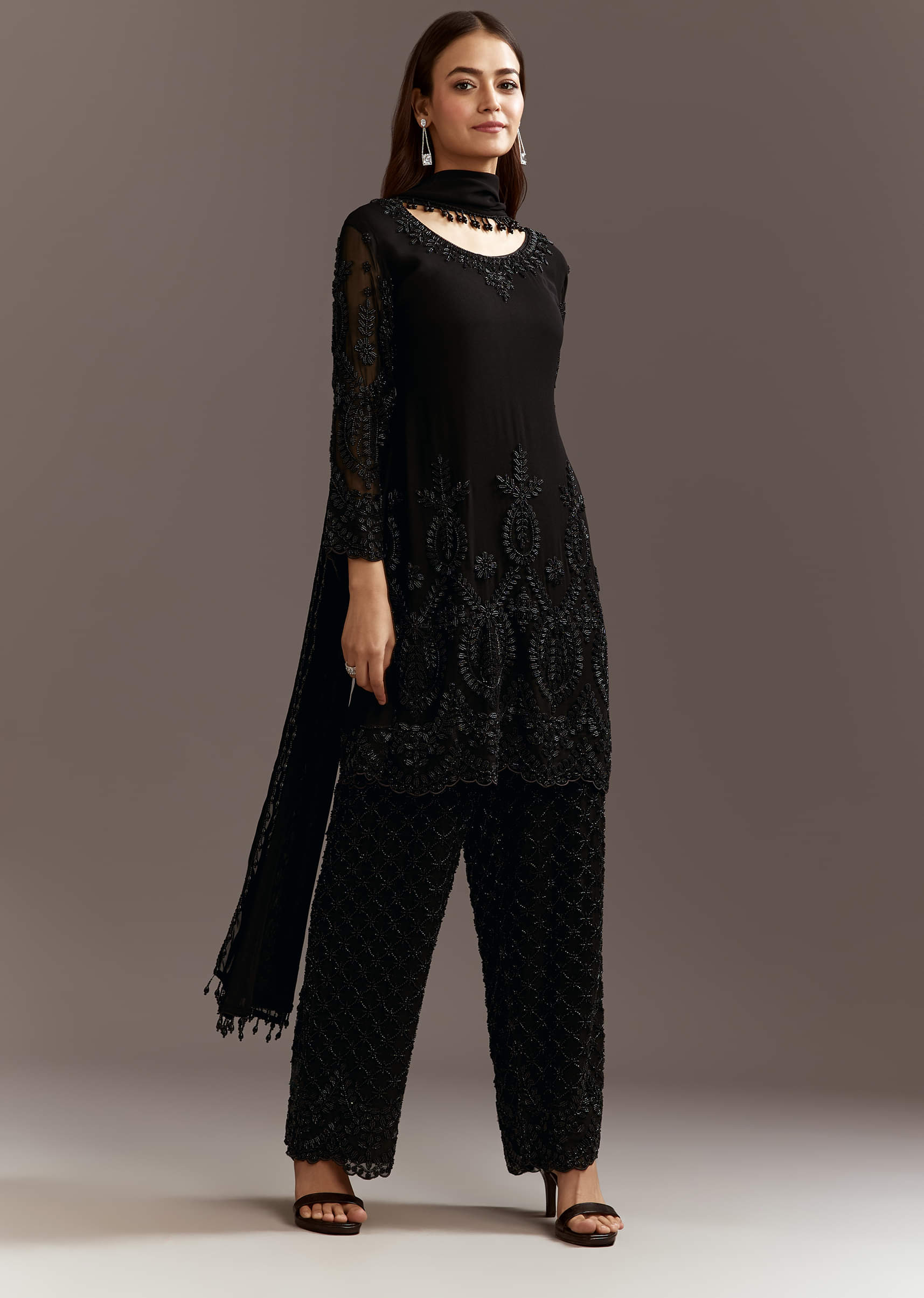 Black Beads Work Georgette Kurta With Fully Beaded Pant - Image 2