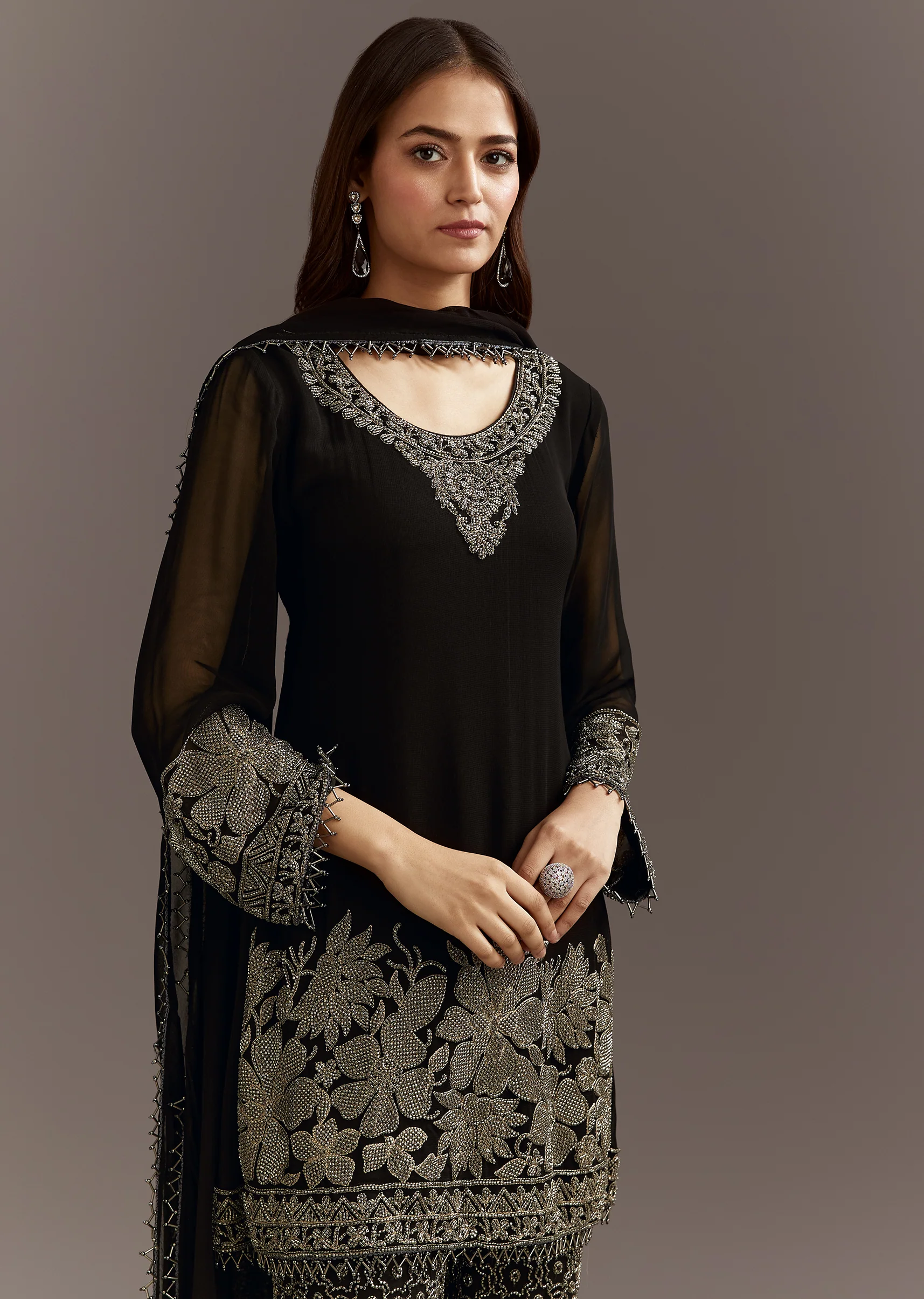 Black Beads Work Kurta Dupatta Set With Fully Beaded Pant - Image 2