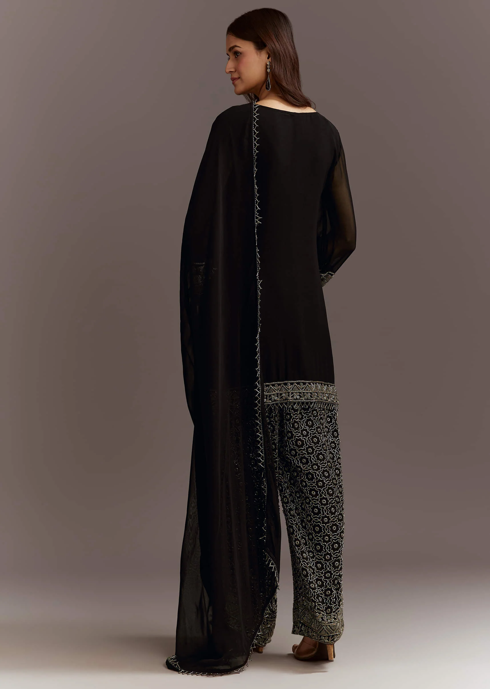 Black Beads Work Kurta Dupatta Set With Fully Beaded Pant - Image 5