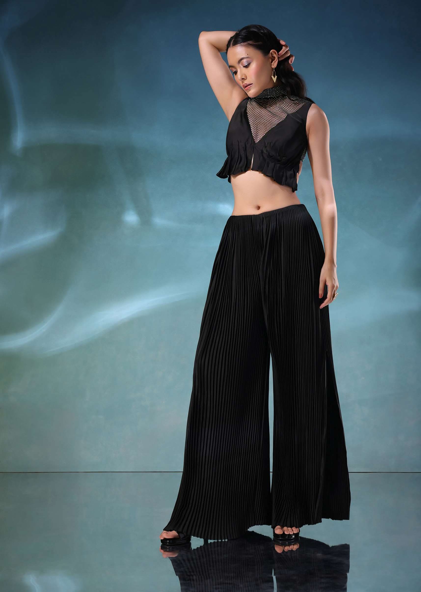 Black Butterfly Mesh Blouse And Palazzo Set In Satin - Image 4