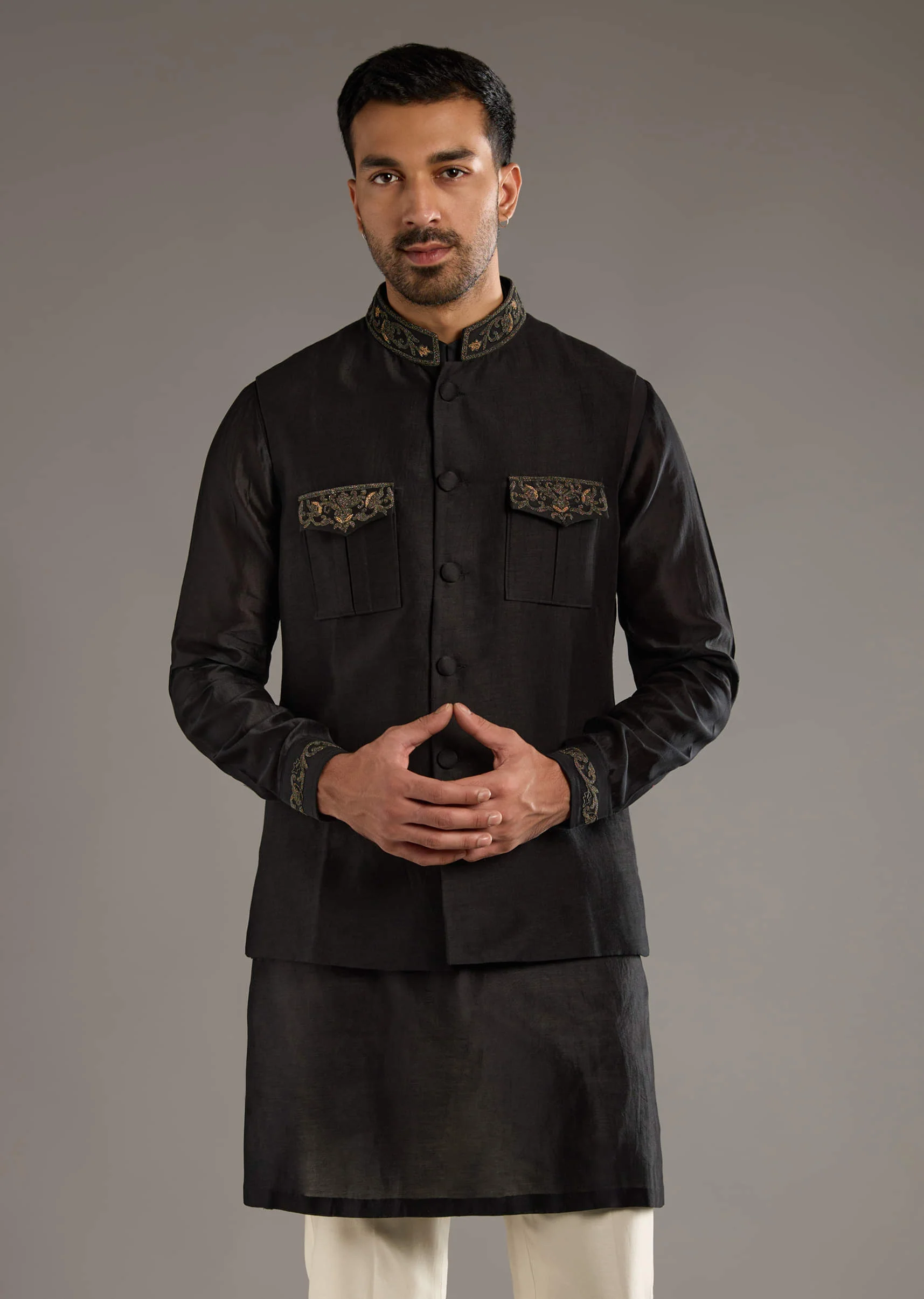 Black Chanderi Linen Kurta Jacket Set For Men With Dori Work - Image 2