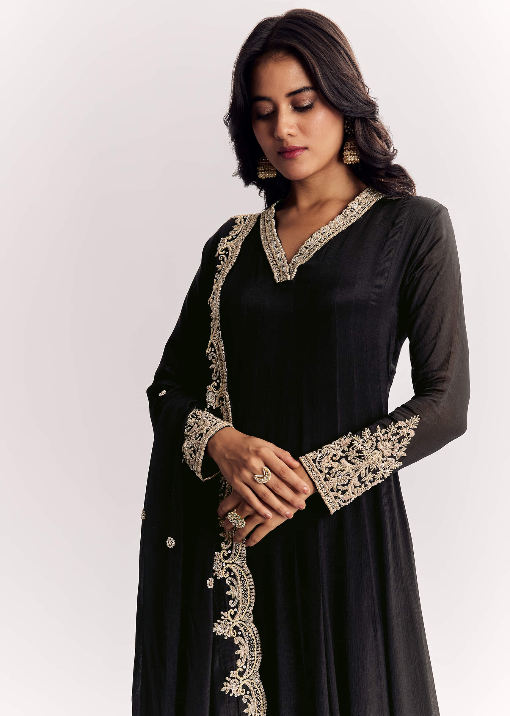 Black Chinon Anarkali Suit With Zardosi Work And Embroidered Dupatta - Image 2