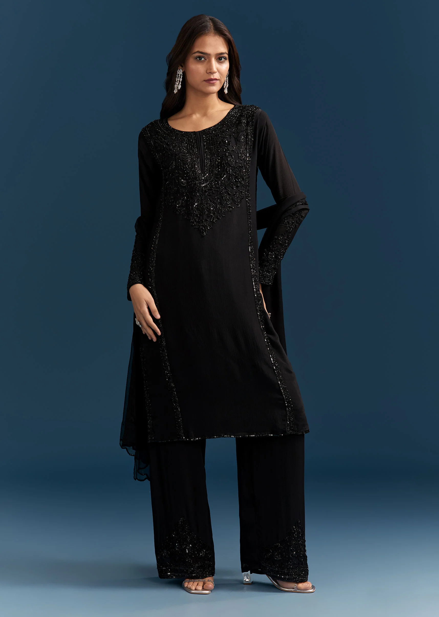 Black Chinon Kurta Set With Sequins And Cut Dana Work - Image 2