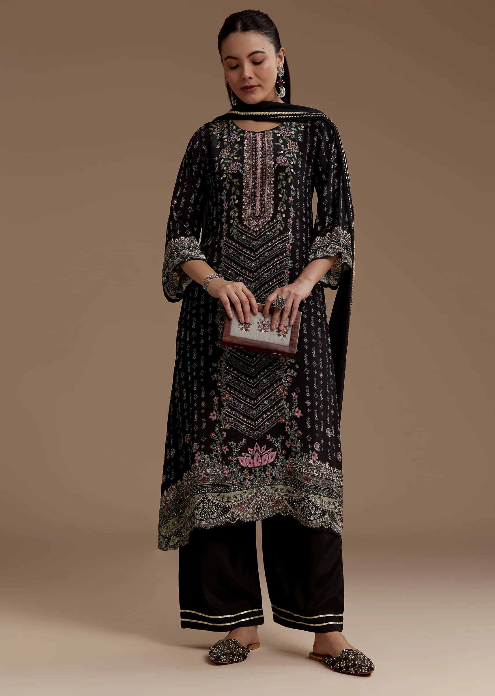 Black Contemporary Match – Stone Work Kurta Set For Her And Black Silk Kurta Set With Dupatta For Him - Image 3