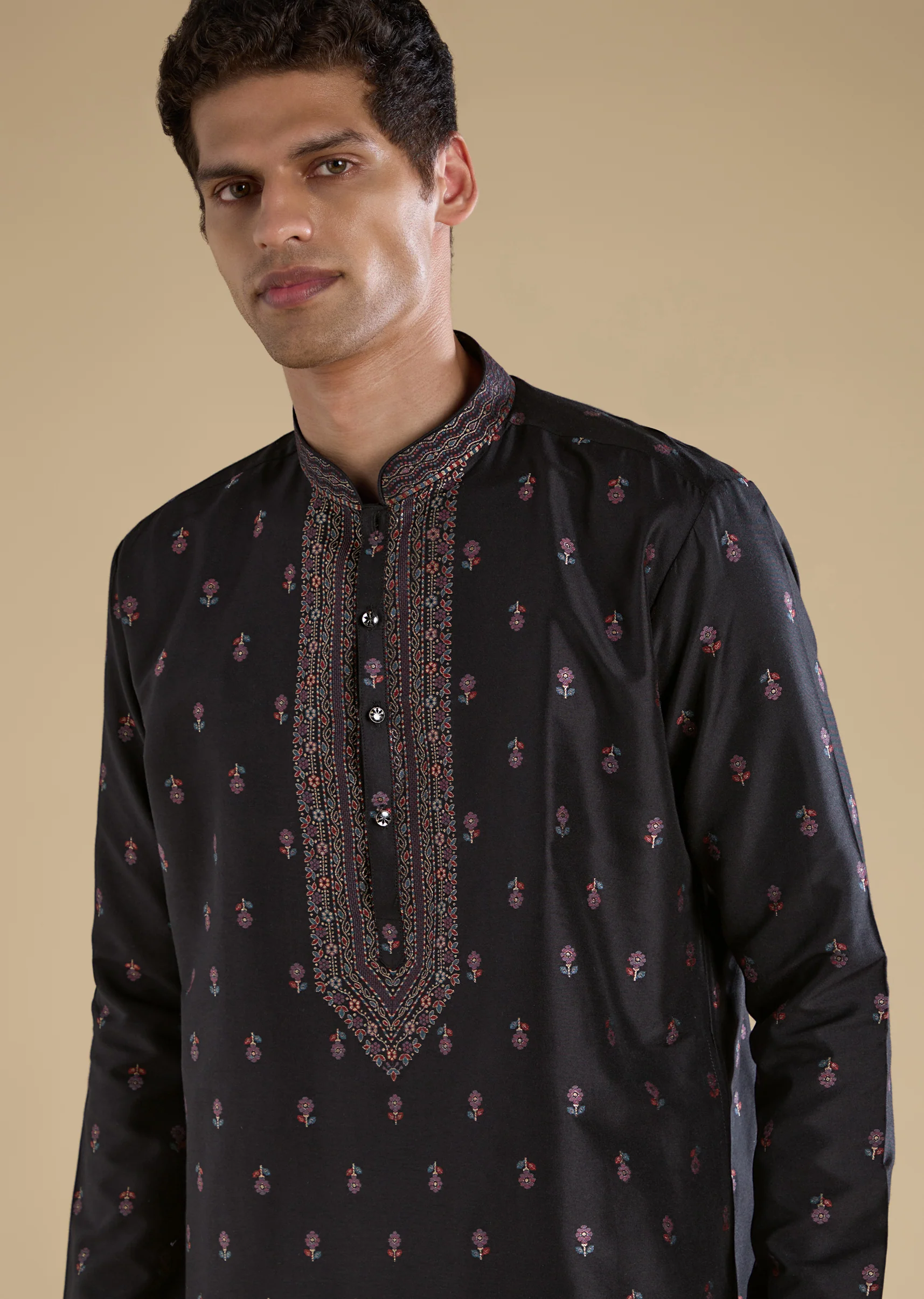 Black Contemporary Match – Stone Work Kurta Set For Her And Black Silk Kurta Set With Dupatta For Him - Image 8