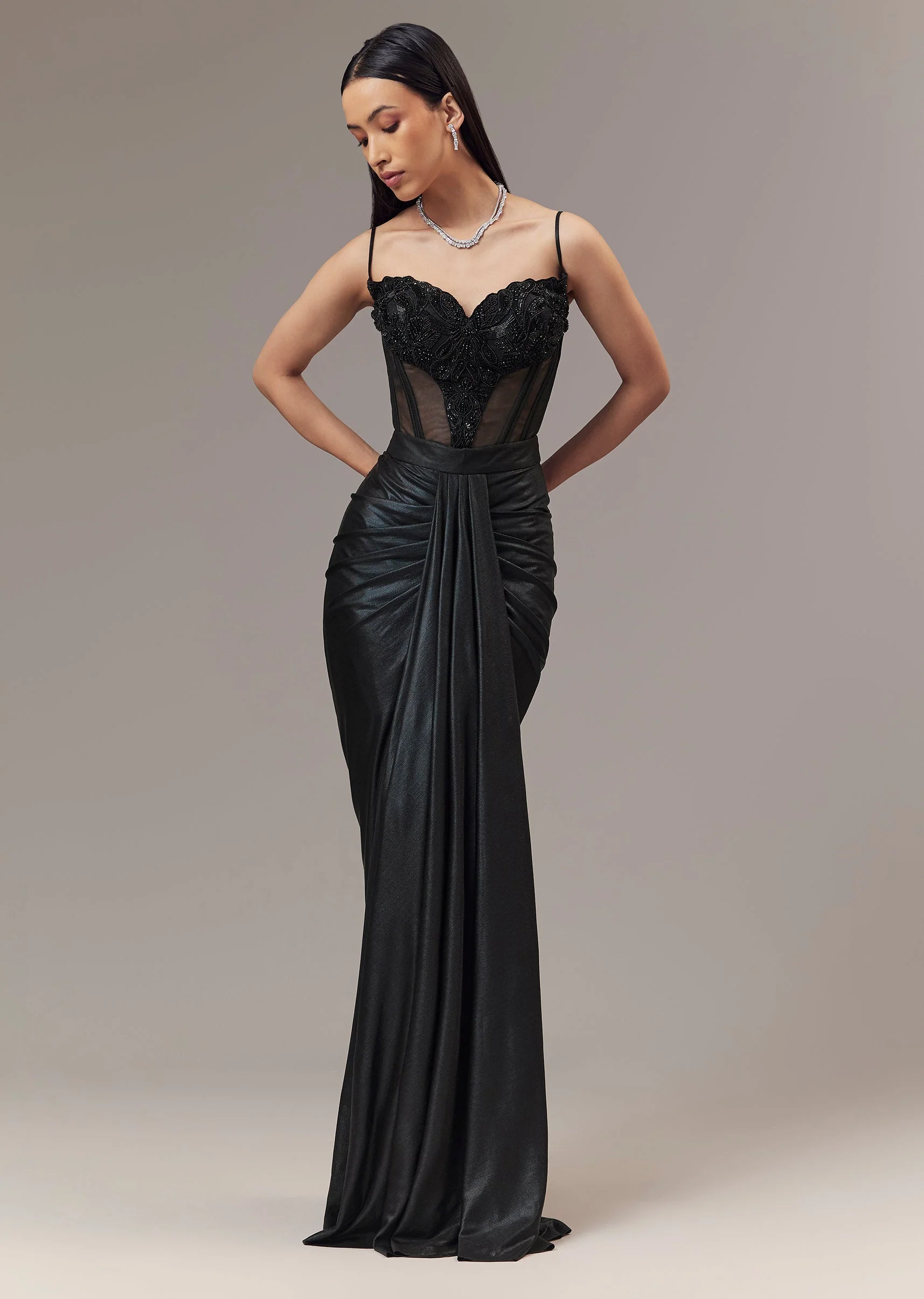 Black Contemporary Sleeveless Corset And Drape Skirt With Embroidery And Cut Dana Detail Work - Image 4