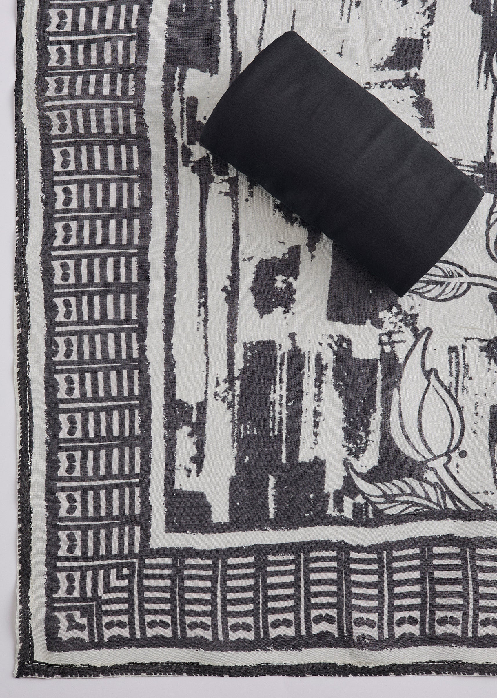 Black Cotton Printed Unstitched Suit Set With Dupatta - Image 4
