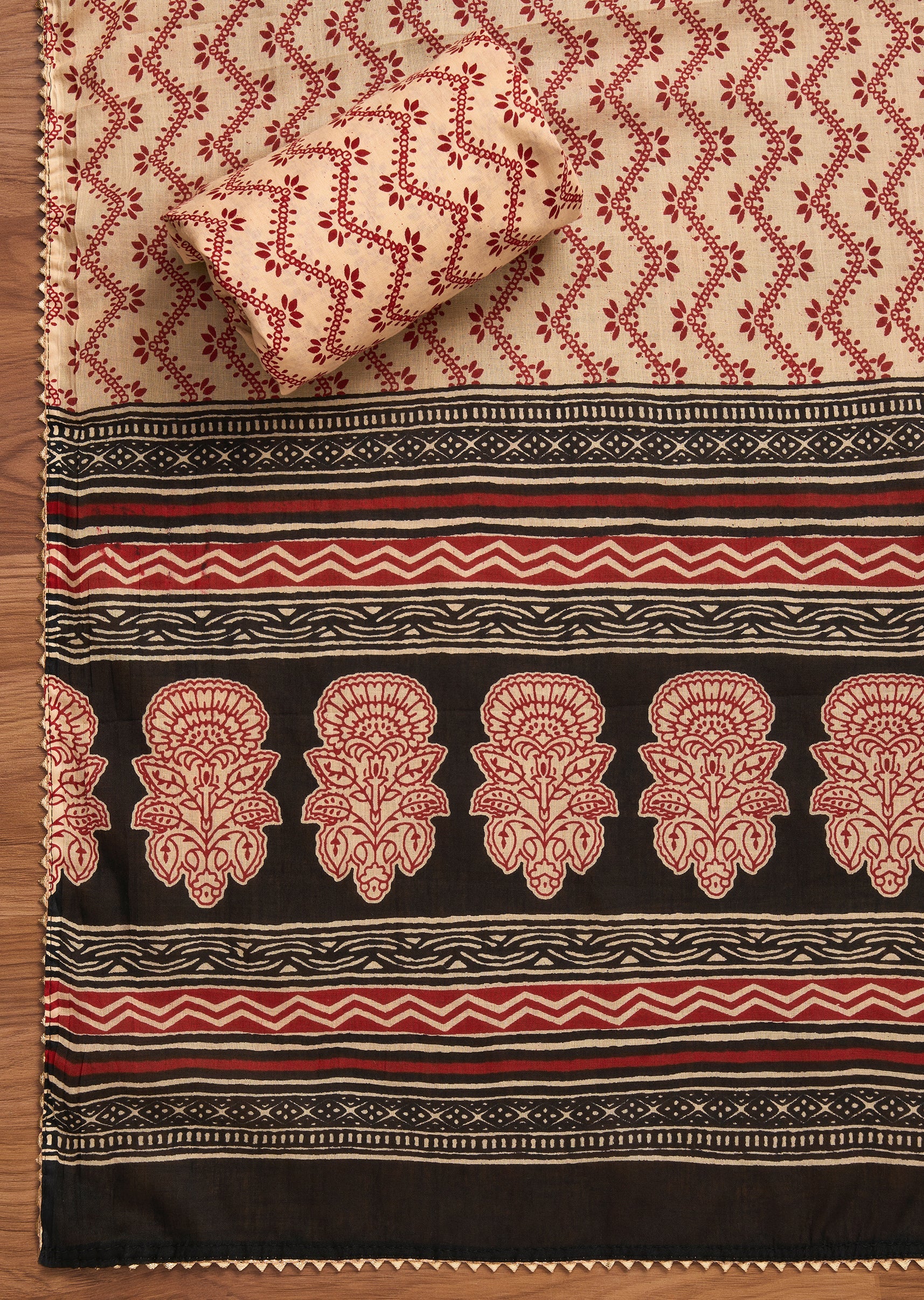Black Cotton Printed Unstitched Suit with Dupatta and Bottom Fabric - Image 3