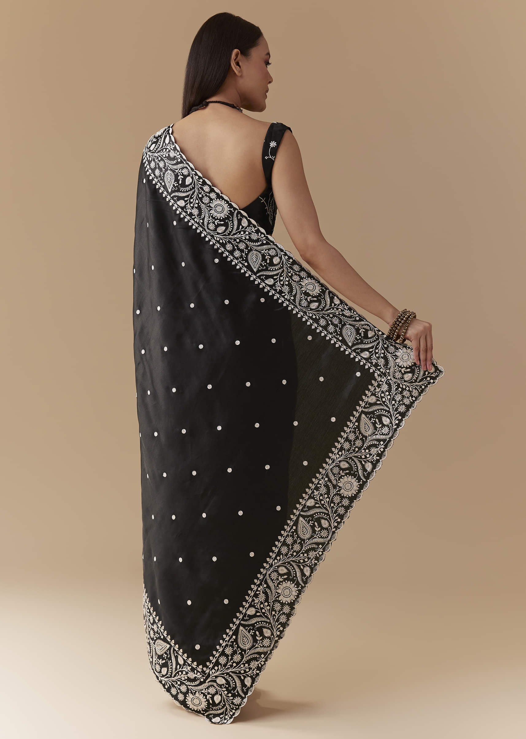 Black Cotton Satin Embellished Saree with Unstitched Blouse - Image 4