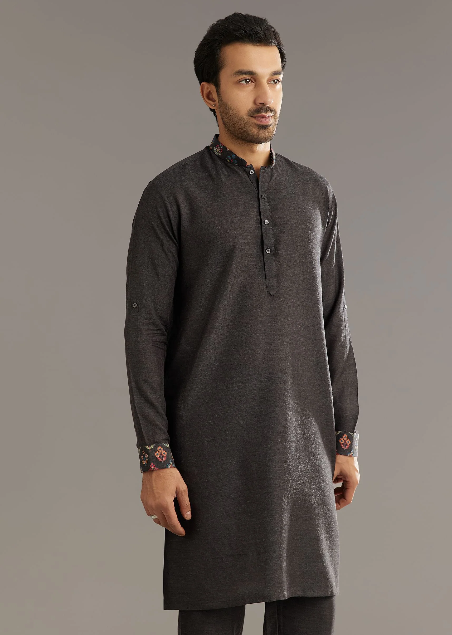 Black Cotton Silk Kurta Set With Symmetric Floral Threadwork - Image 6