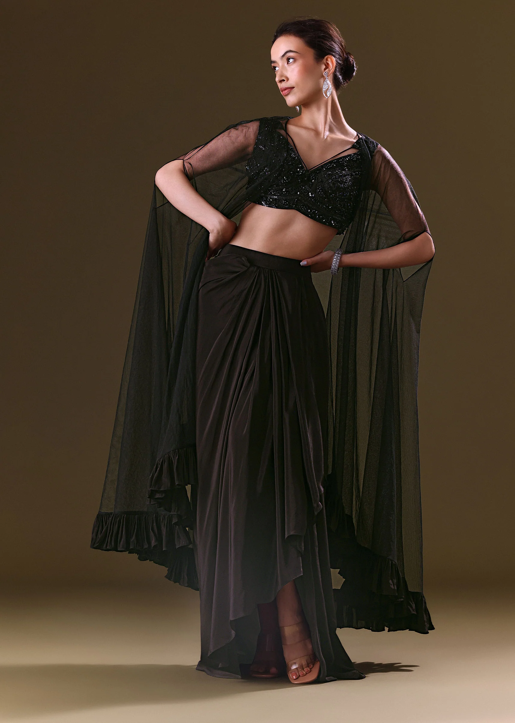 Black Crepe Drape Skirt Choli And Tulle Cape Set - Image 3