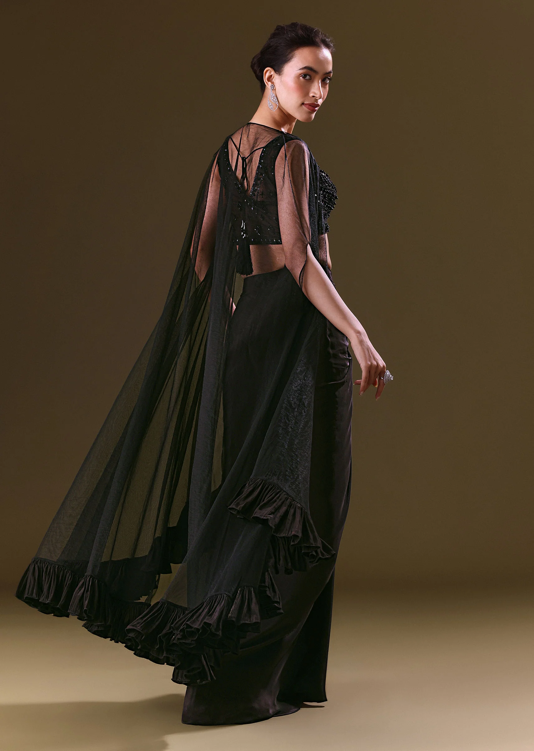 Black Crepe Drape Skirt Choli And Tulle Cape Set - Image 5
