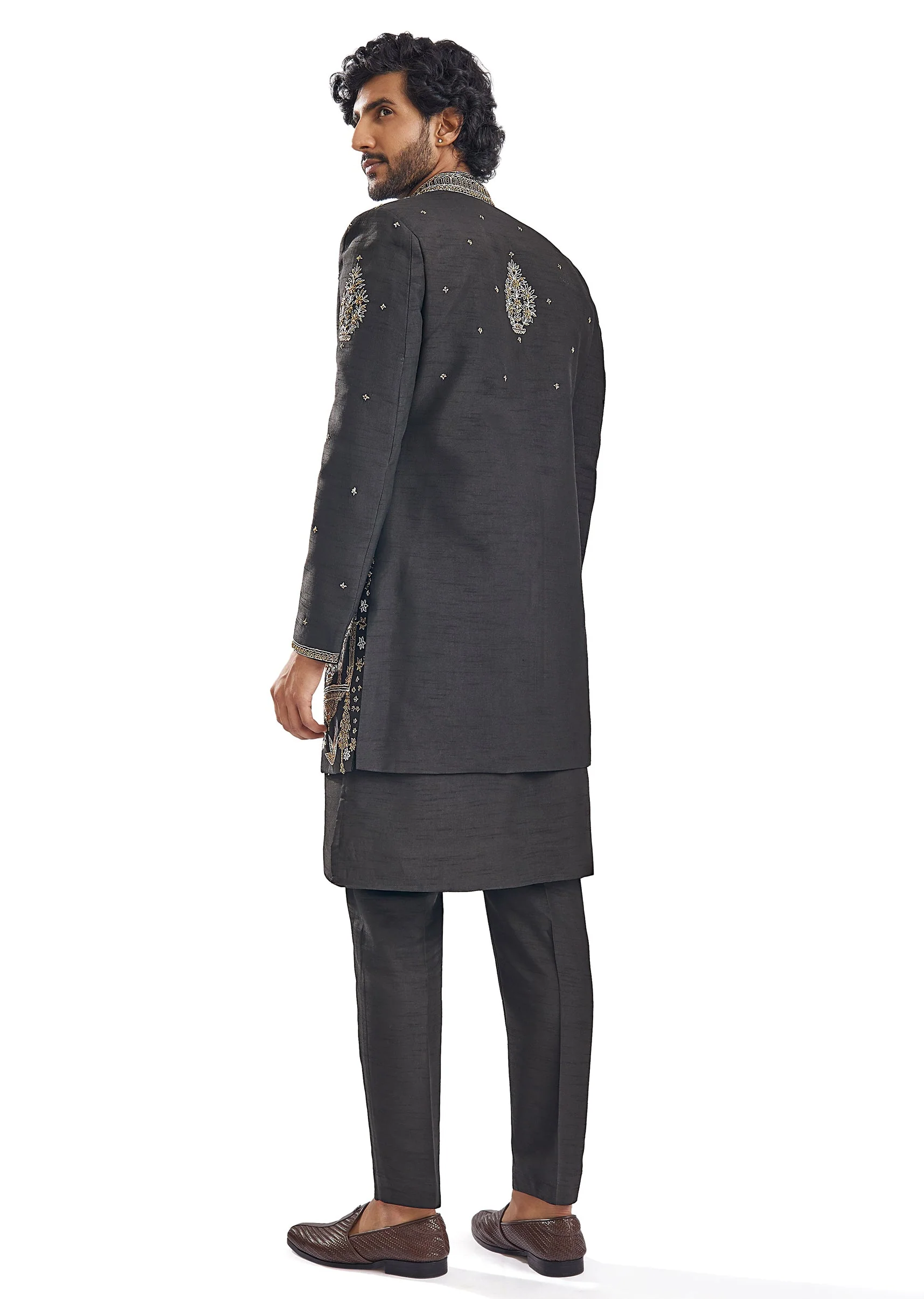 Black Cut Dana Thread Work Groomsman Sherwani - Image 6
