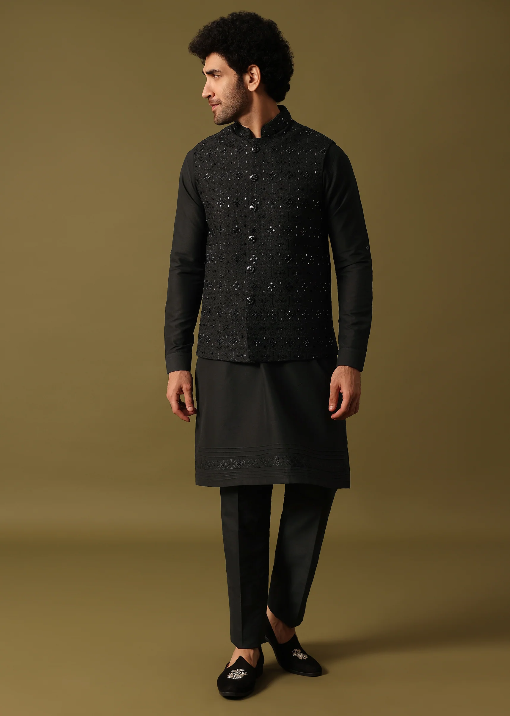 Black Cutdana Embroidered Kurta Jacket Set - Image 4