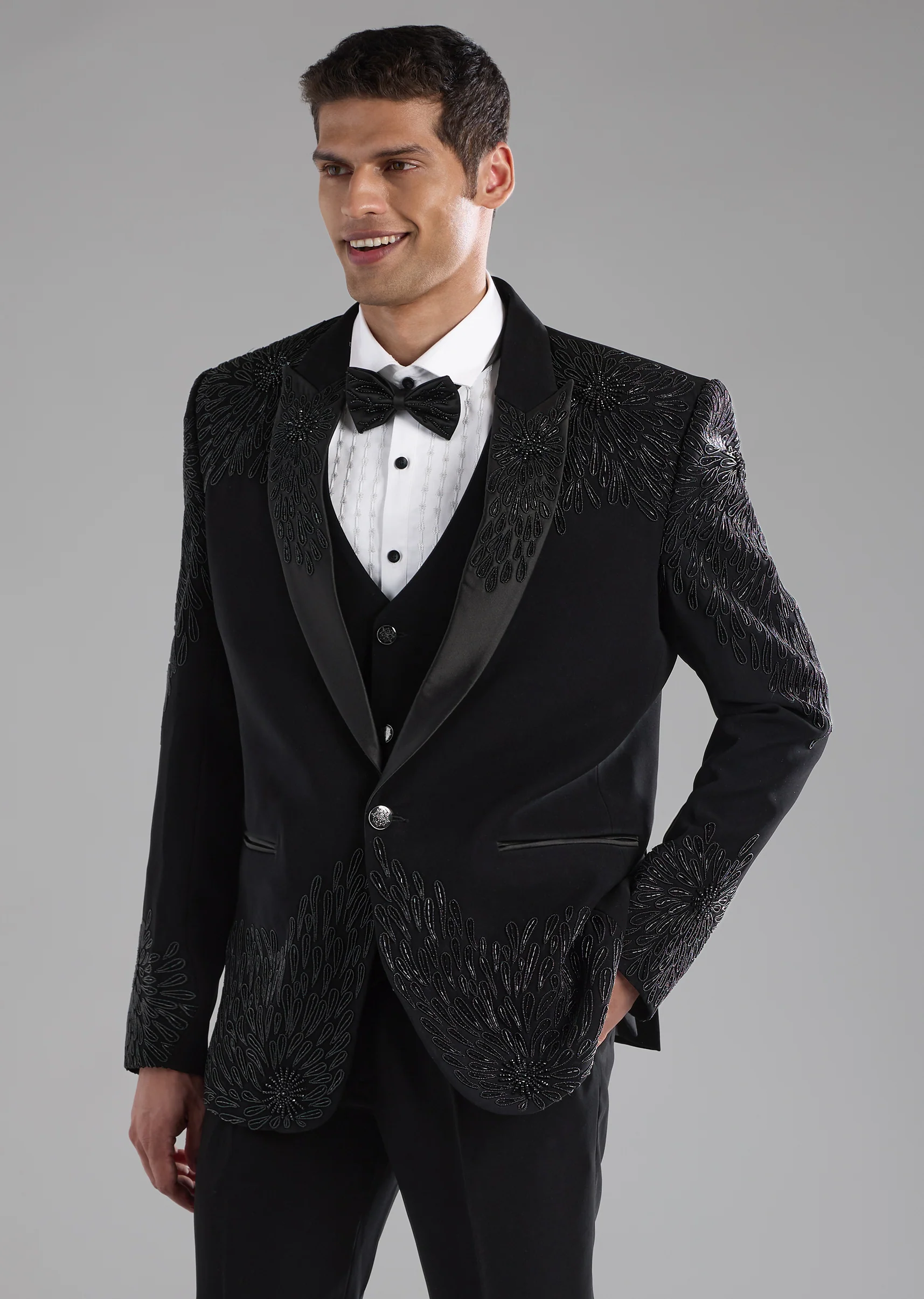 Black Cutdana Work Tuxedo, Shirt and Bow Set - Image 3
