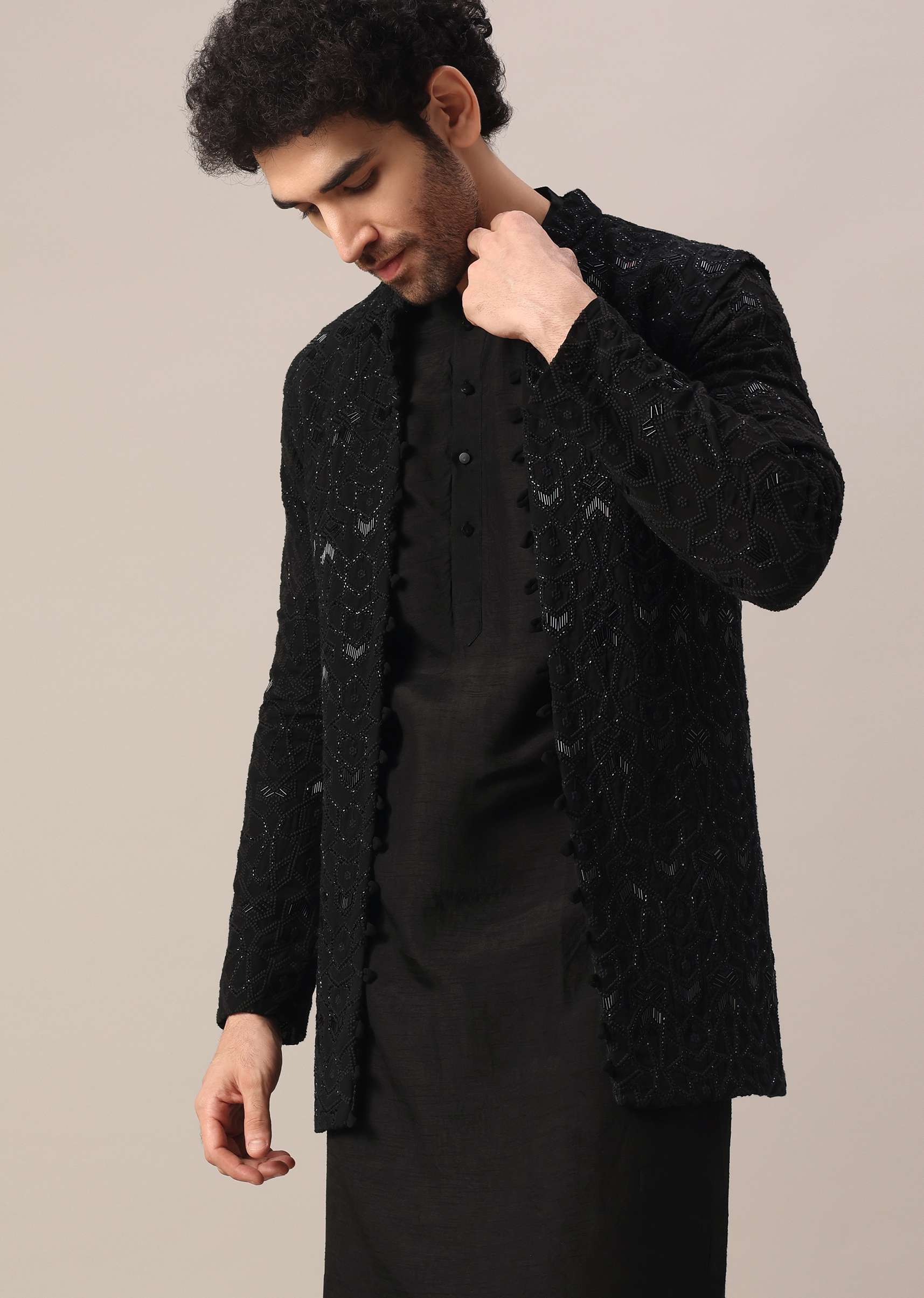 Black Dola Silk Jacket And Kurta Set With Embroidered Work - Image 4