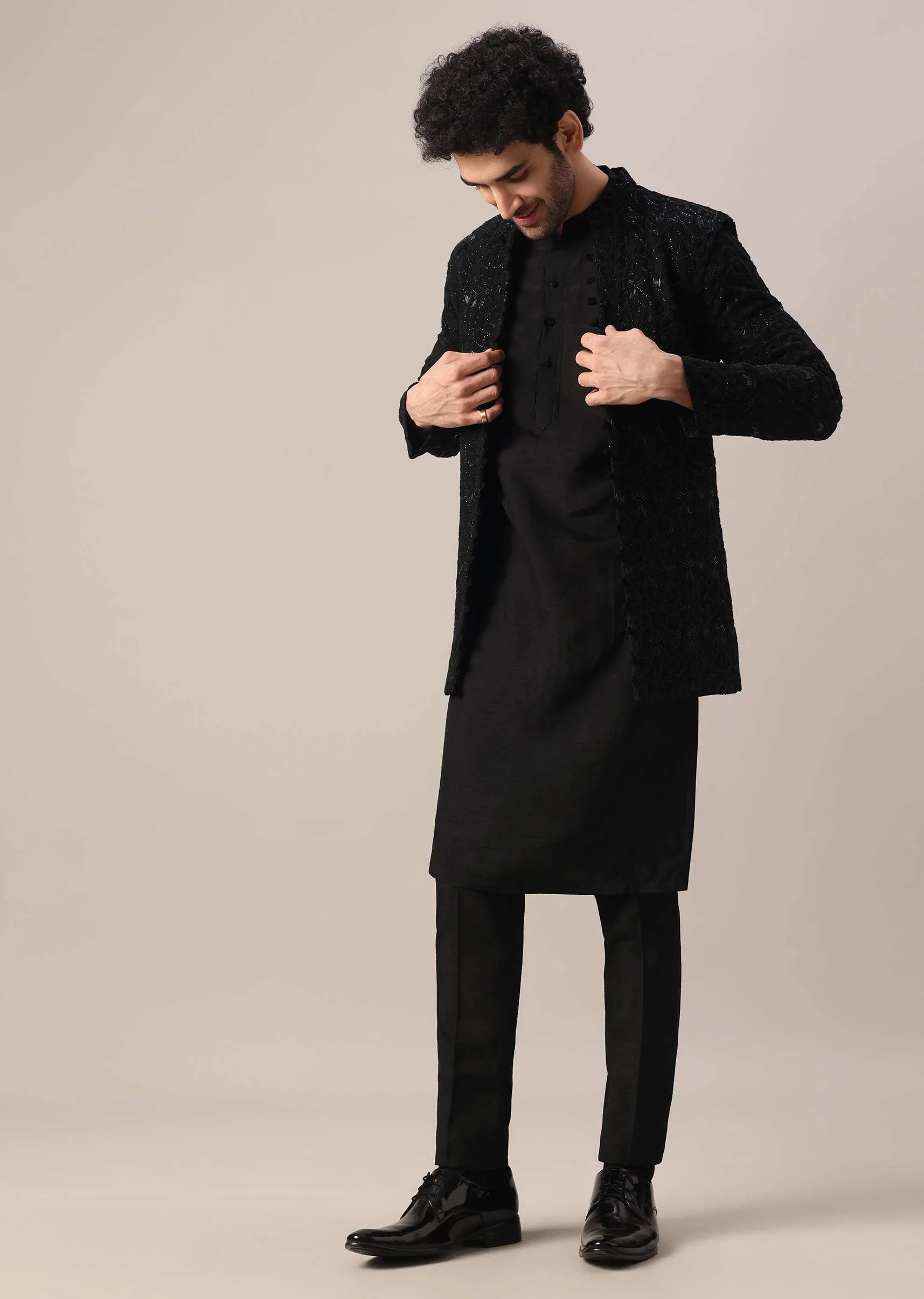 Black Dola Silk Jacket And Kurta Set With Embroidered Work - Image 5