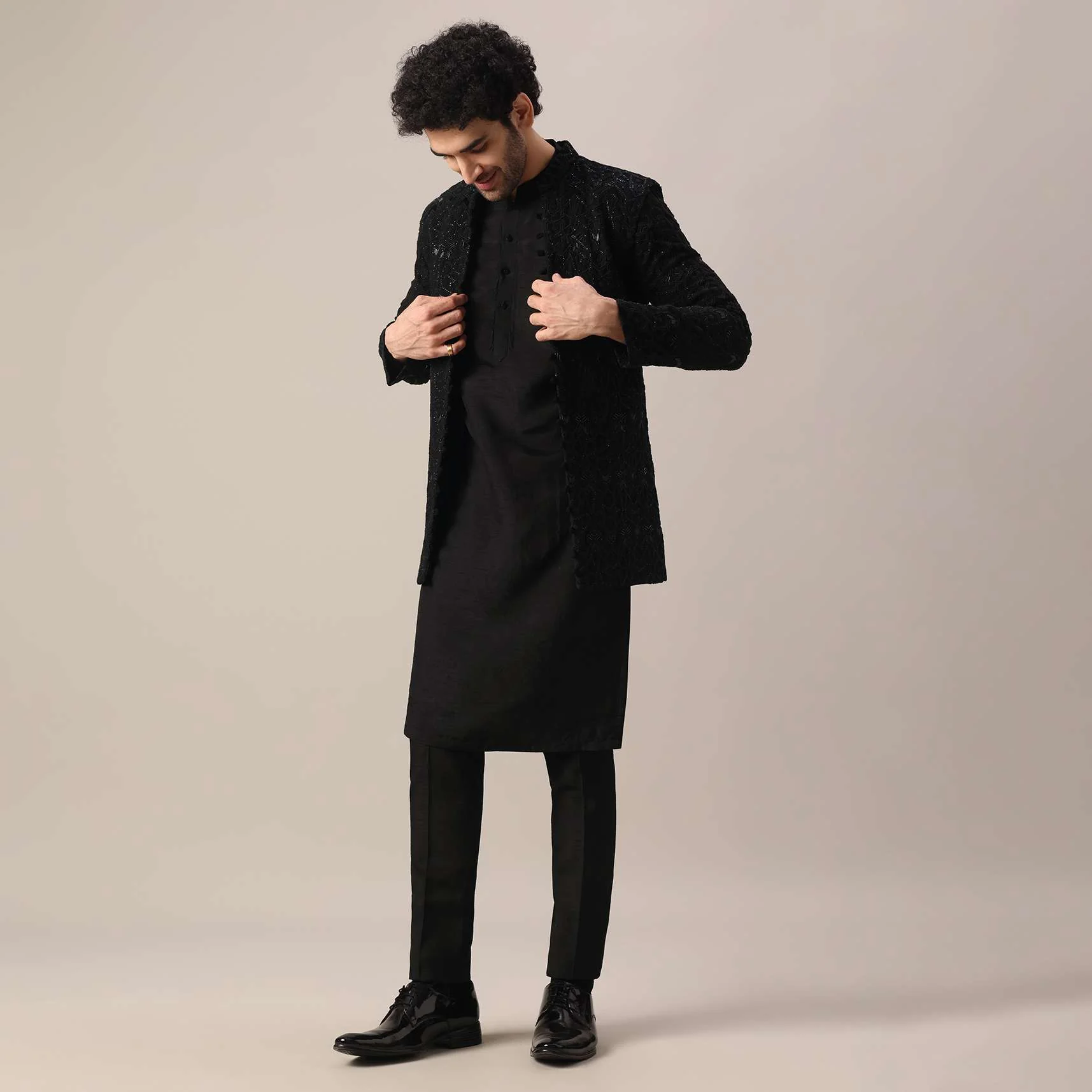 Black Dola Silk Jacket And Kurta Set With Embroidered Work - Image 6