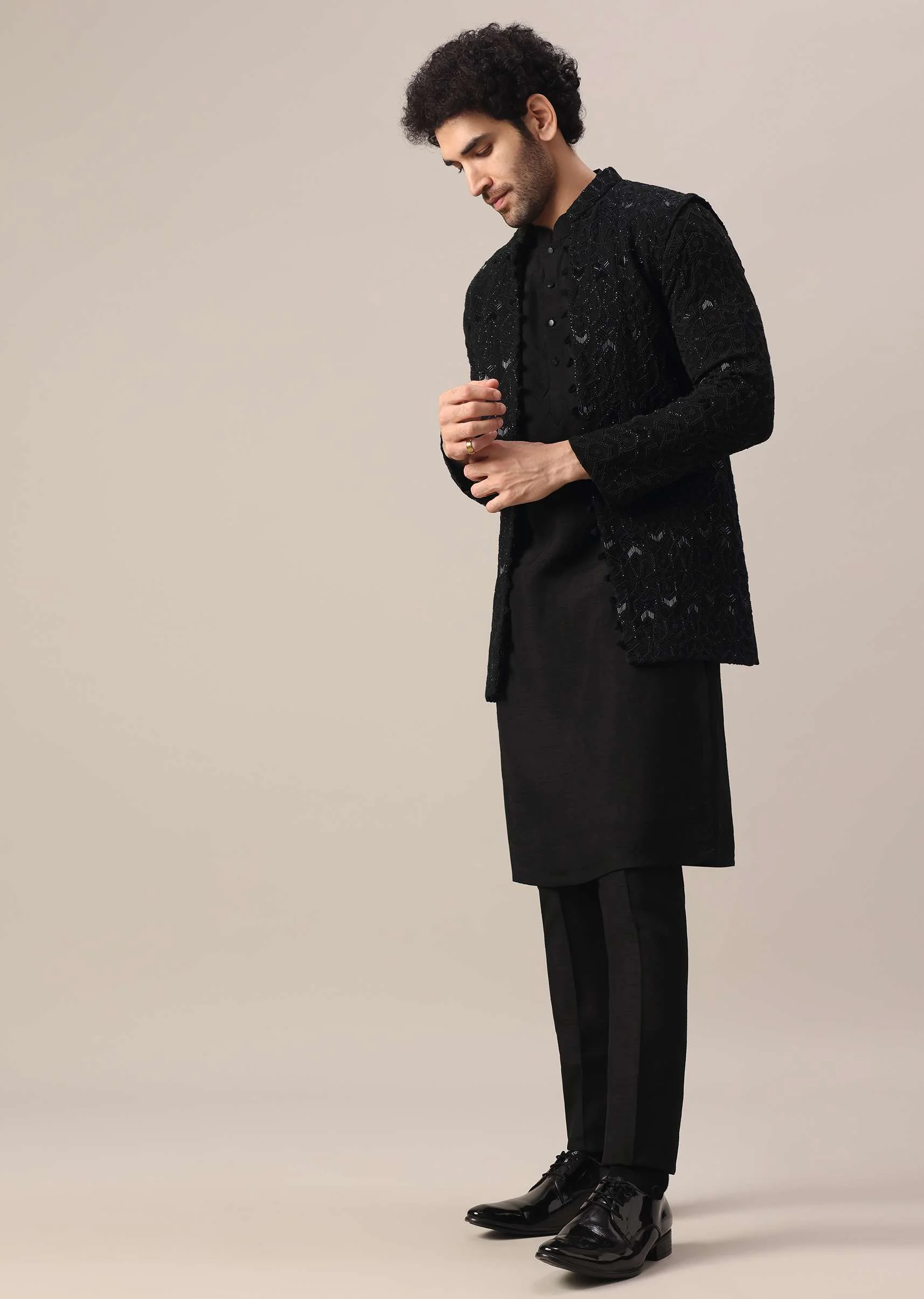 Black Dola Silk Jacket And Kurta Set With Embroidered Work - Image 7