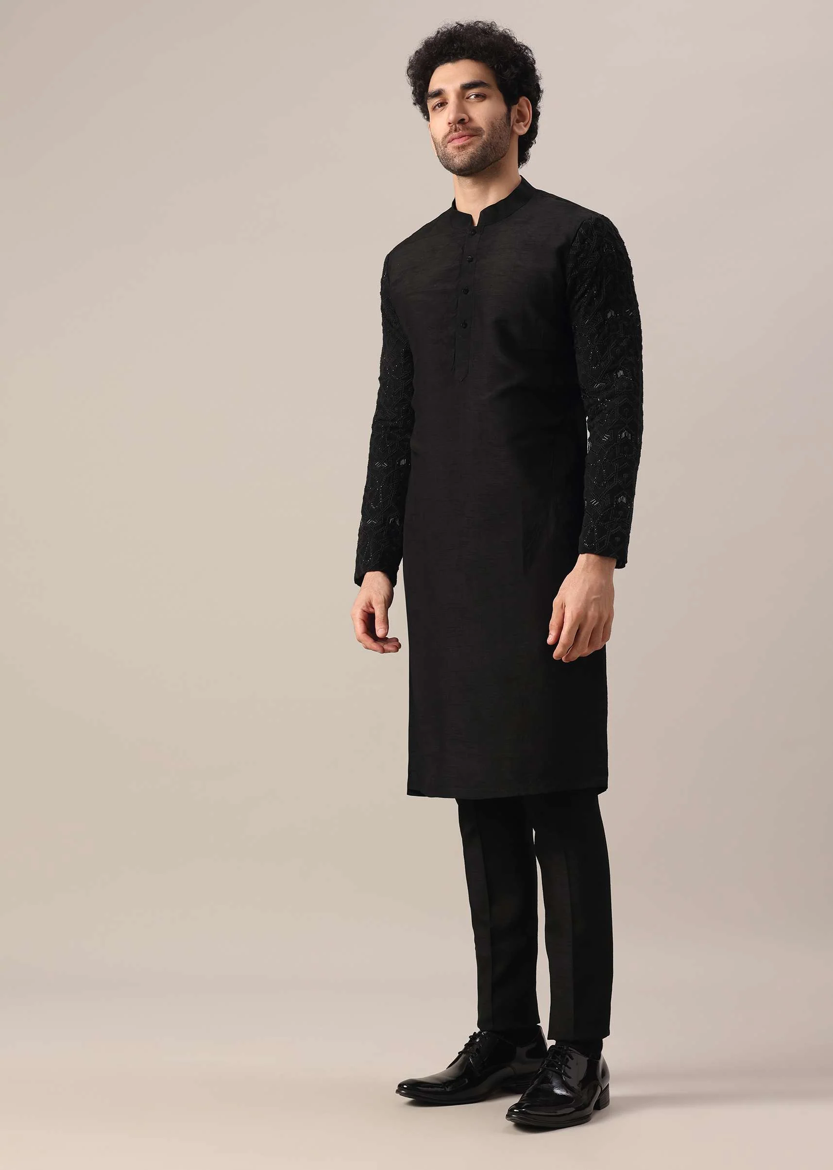 Black Dola Silk Jacket And Kurta Set With Embroidered Work - Image 8