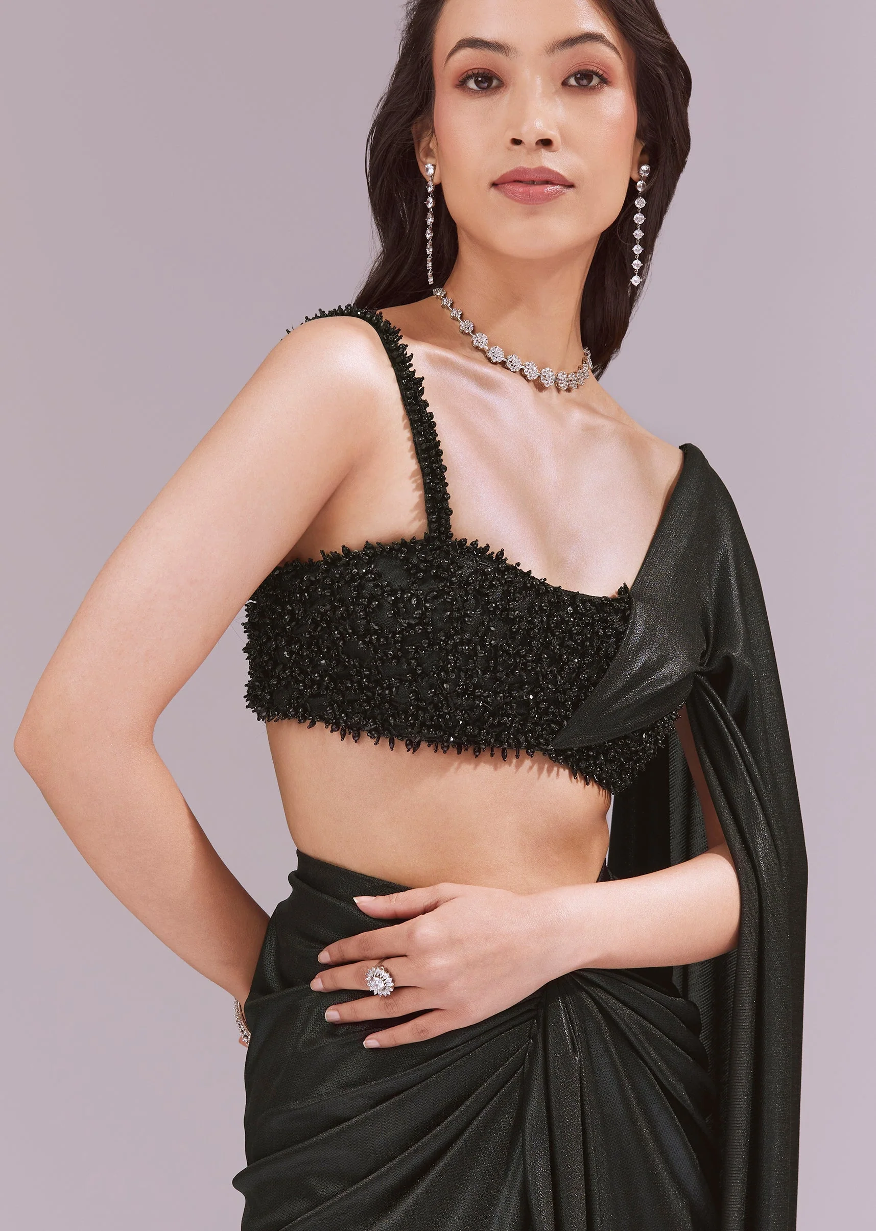 Black Draped Crop Top And Skirt Set - Image 3