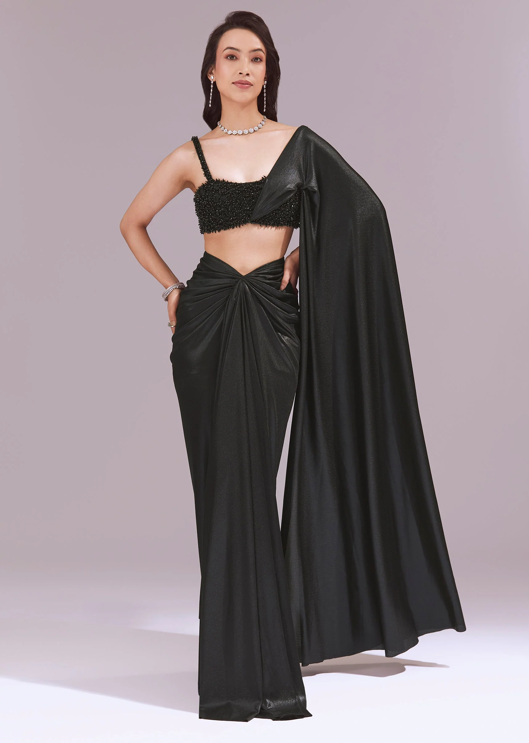 Black Draped Crop Top And Skirt Set - Image 4