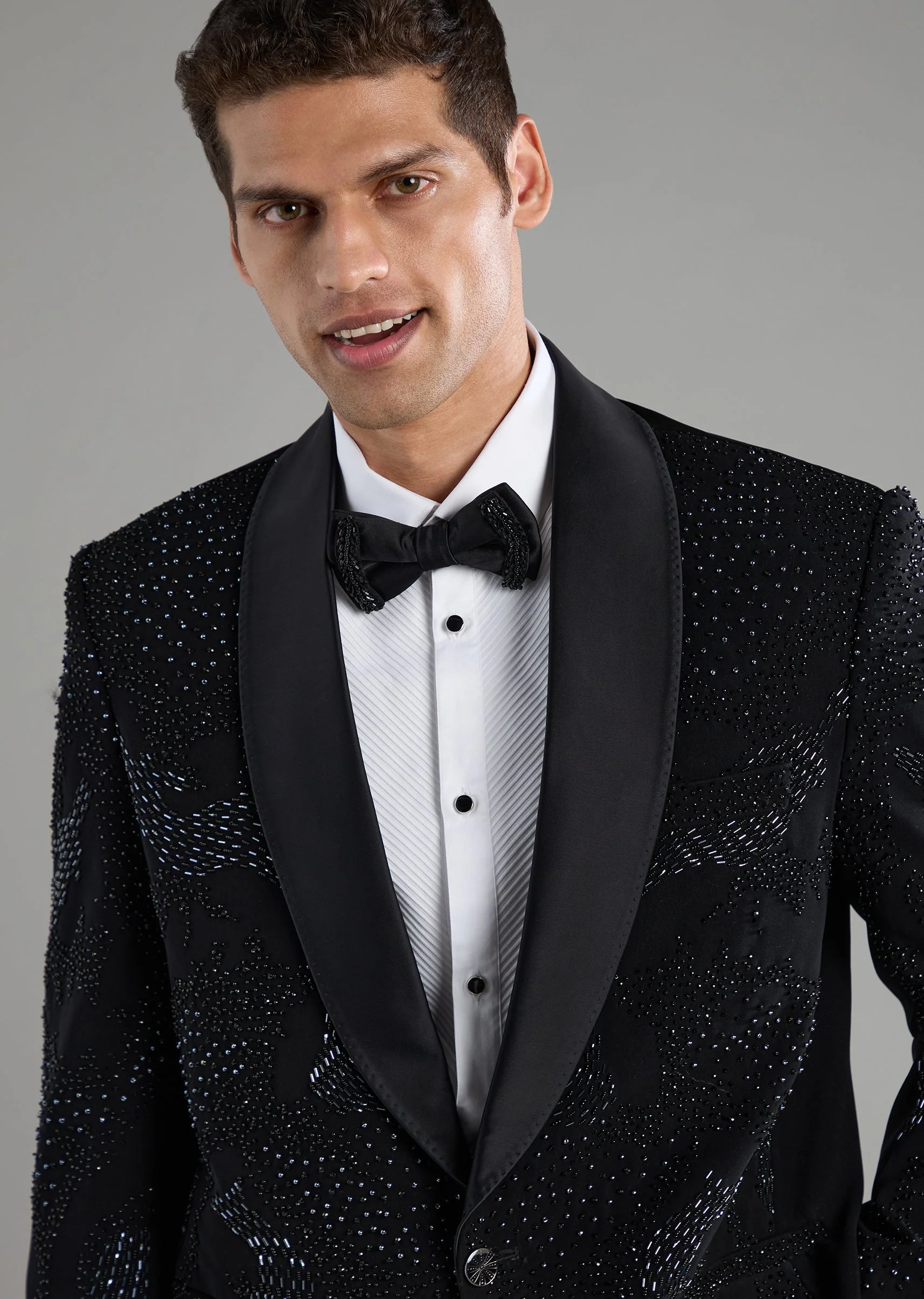 Black Embellished Tuxedo Set with Bow Tie - Image 3