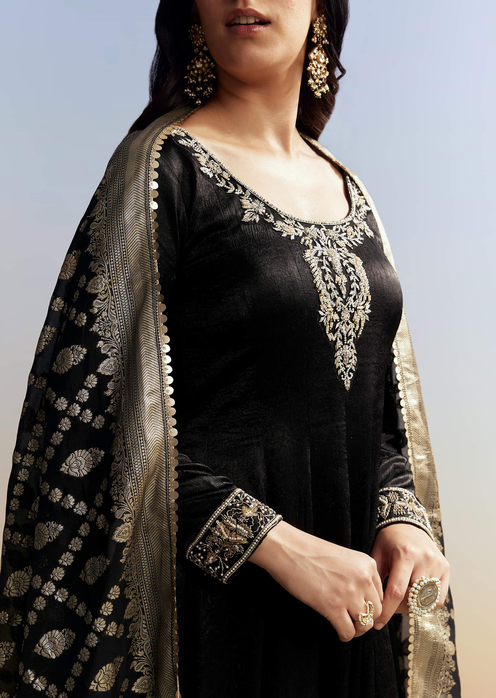 Black Embroidered Crush Satin Anarkali Set - Image 2
